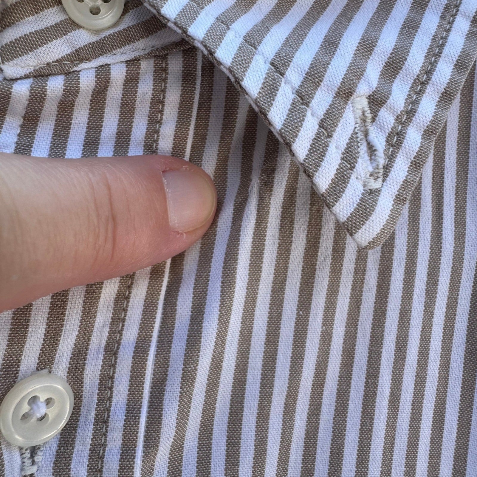 NOTON Mens Khaki White Striped Cotton Button Down Shirt Windmill Logo Size M