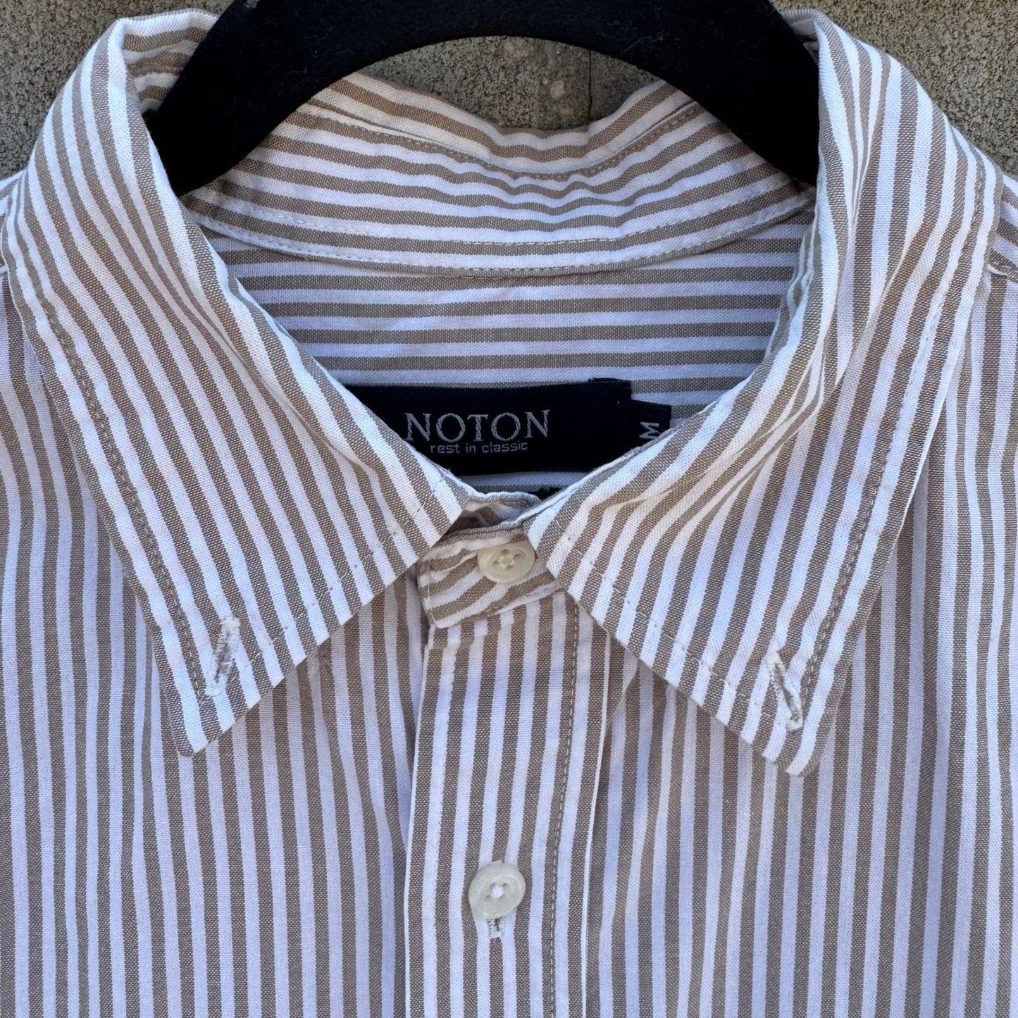 NOTON Mens Khaki White Striped Cotton Button Down Shirt Windmill Logo Size M