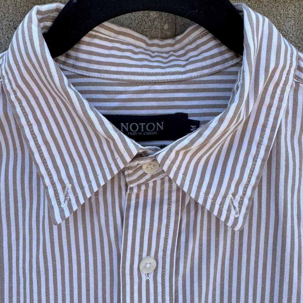 NOTON Mens Khaki White Striped Cotton Button Down Shirt Windmill Logo Size M