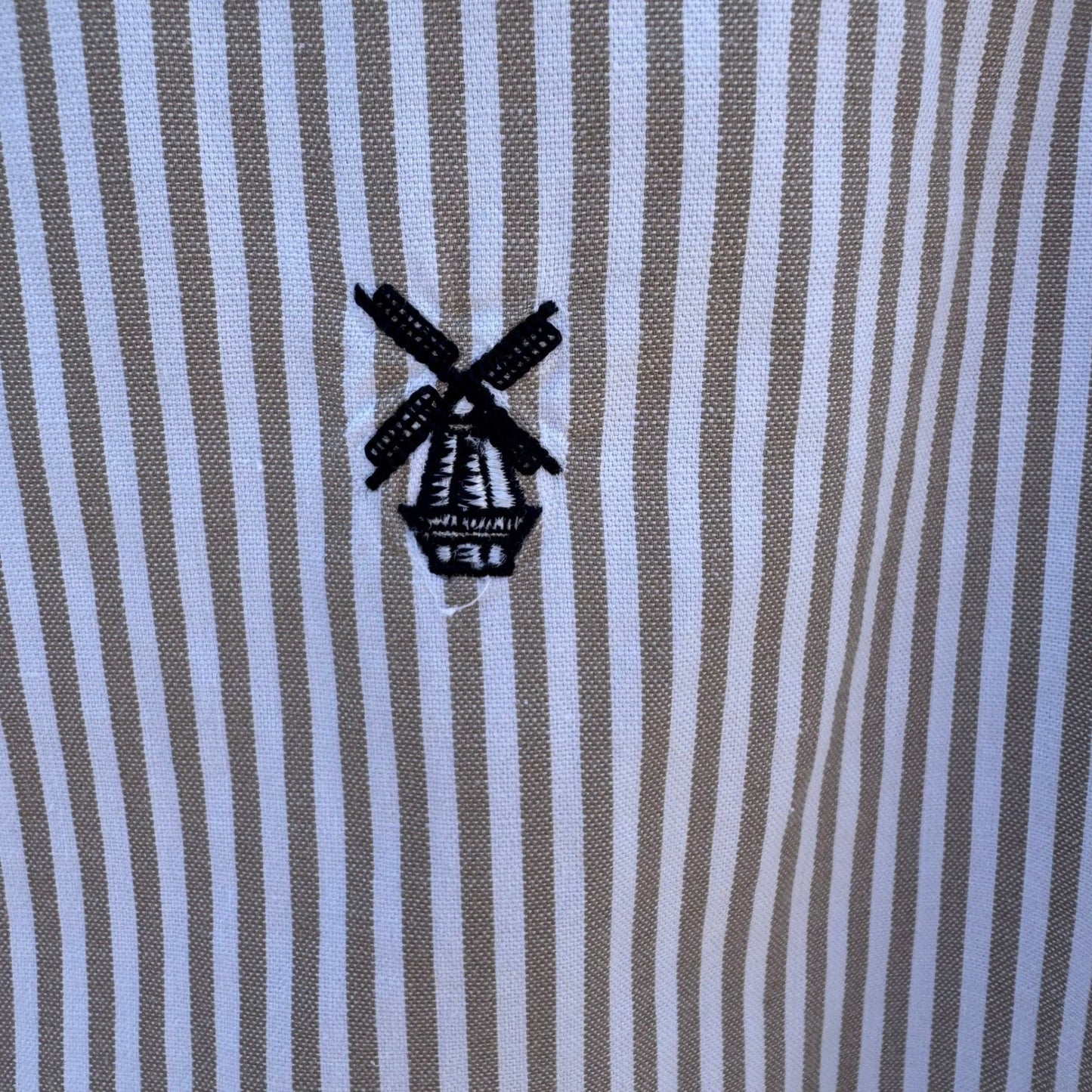 NOTON Mens Khaki White Striped Cotton Button Down Shirt Windmill Logo Size M
