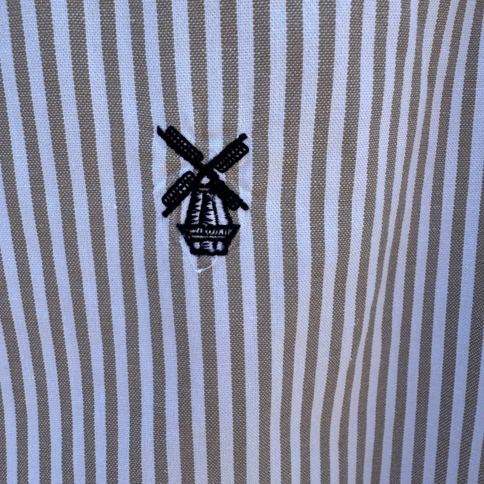 NOTON Mens Khaki White Striped Cotton Button Down Shirt Windmill Logo Size M