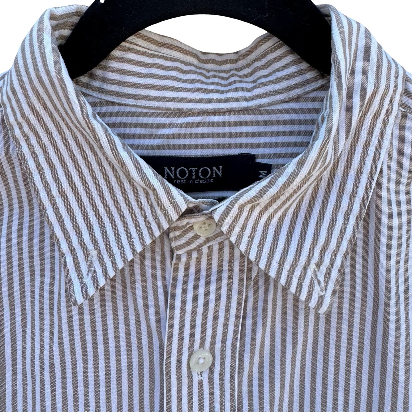 NOTON Mens Khaki White Striped Cotton Button Down Shirt Windmill Logo Size M