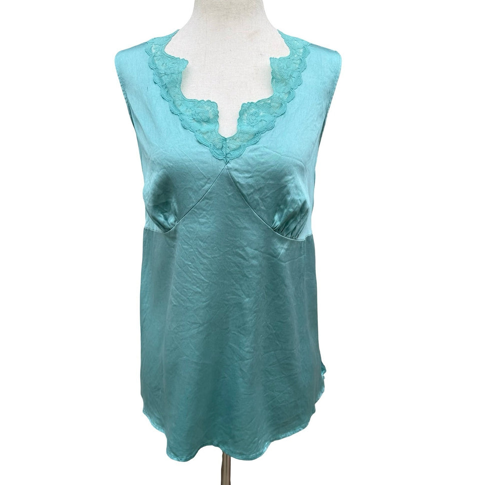 Vintage Y2K Turquoise Silky Lace Trim V-Neck Camisole Sleeveless Coquette Top M