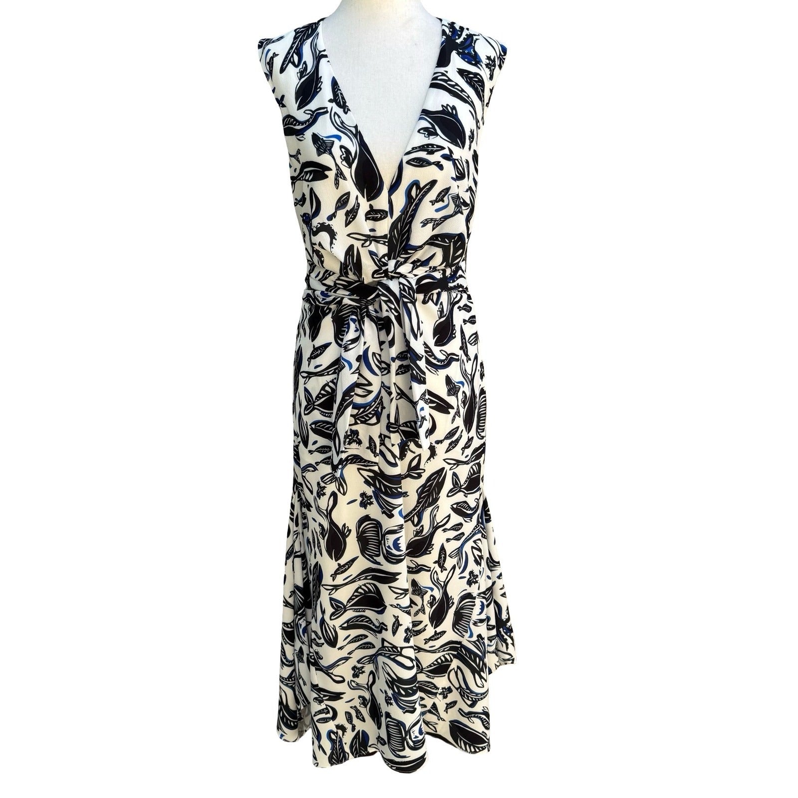 Adolfo Dominguez Fish Print Wrap Front Mermaid Maxi Dress Resortwear Coastal S