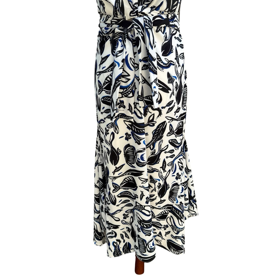 Adolfo Dominguez Fish Print Wrap Front Mermaid Maxi Dress Resortwear Coastal S