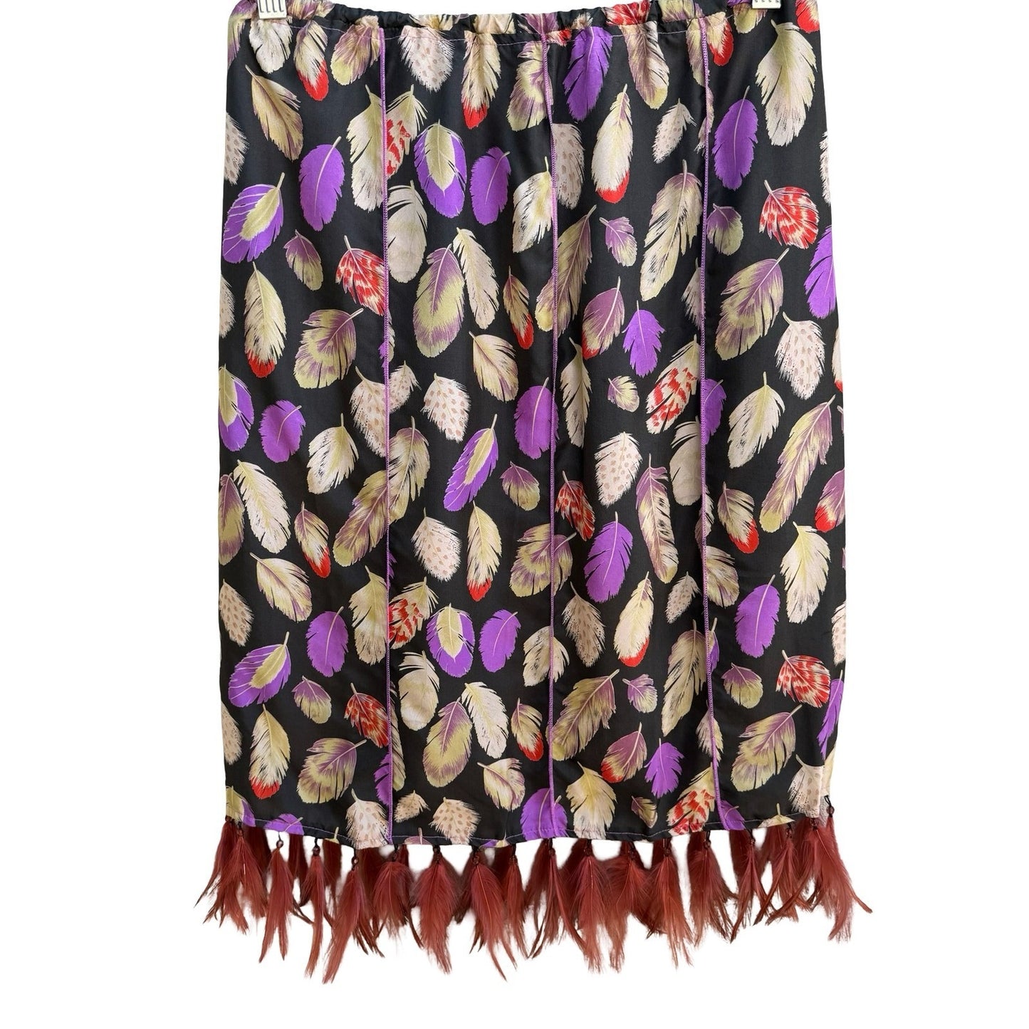 Poleci Y2K Silk Beaded Feather Print Hem Boho Festival Artsy Statement Skirt