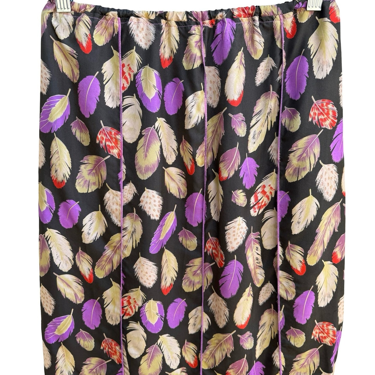 Poleci Y2K Silk Beaded Feather Print Hem Boho Festival Artsy Statement Skirt
