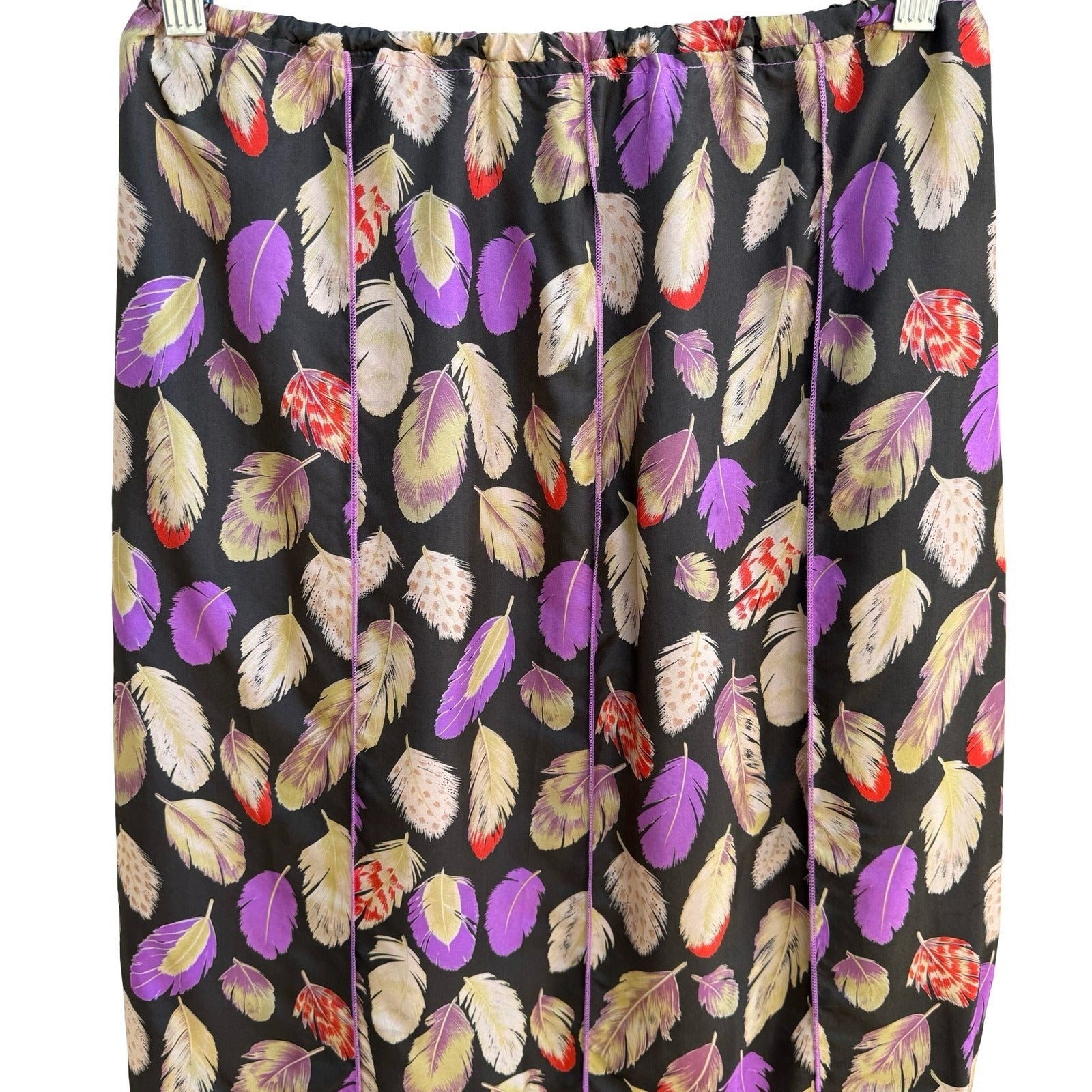 Poleci Y2K Silk Beaded Feather Print Hem Boho Festival Artsy Statement Skirt