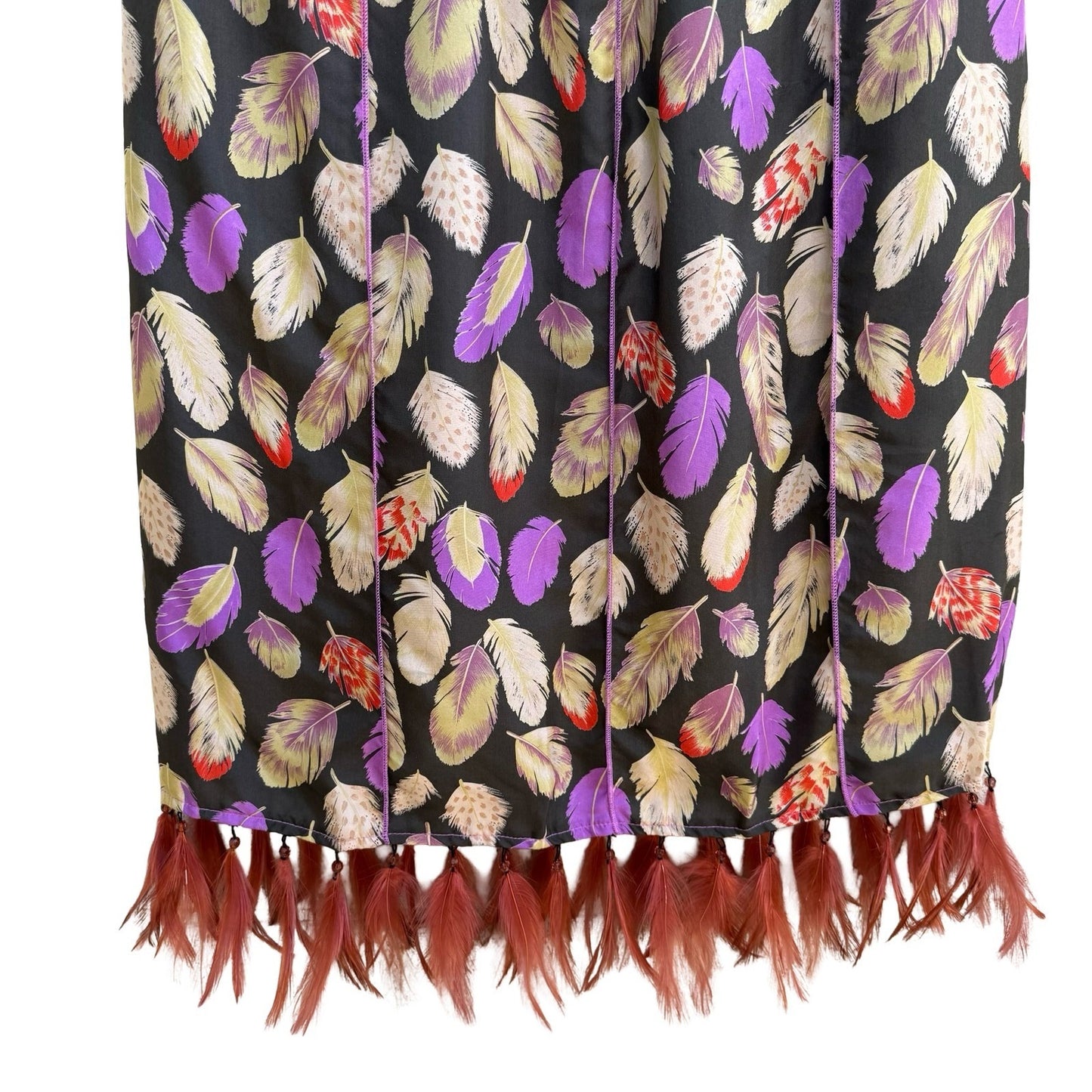 Poleci Y2K Silk Beaded Feather Print Hem Boho Festival Artsy Statement Skirt