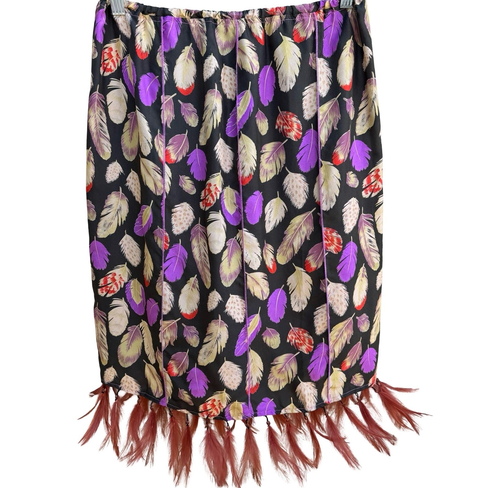 Poleci Y2K Silk Beaded Feather Print Hem Boho Festival Artsy Statement Skirt