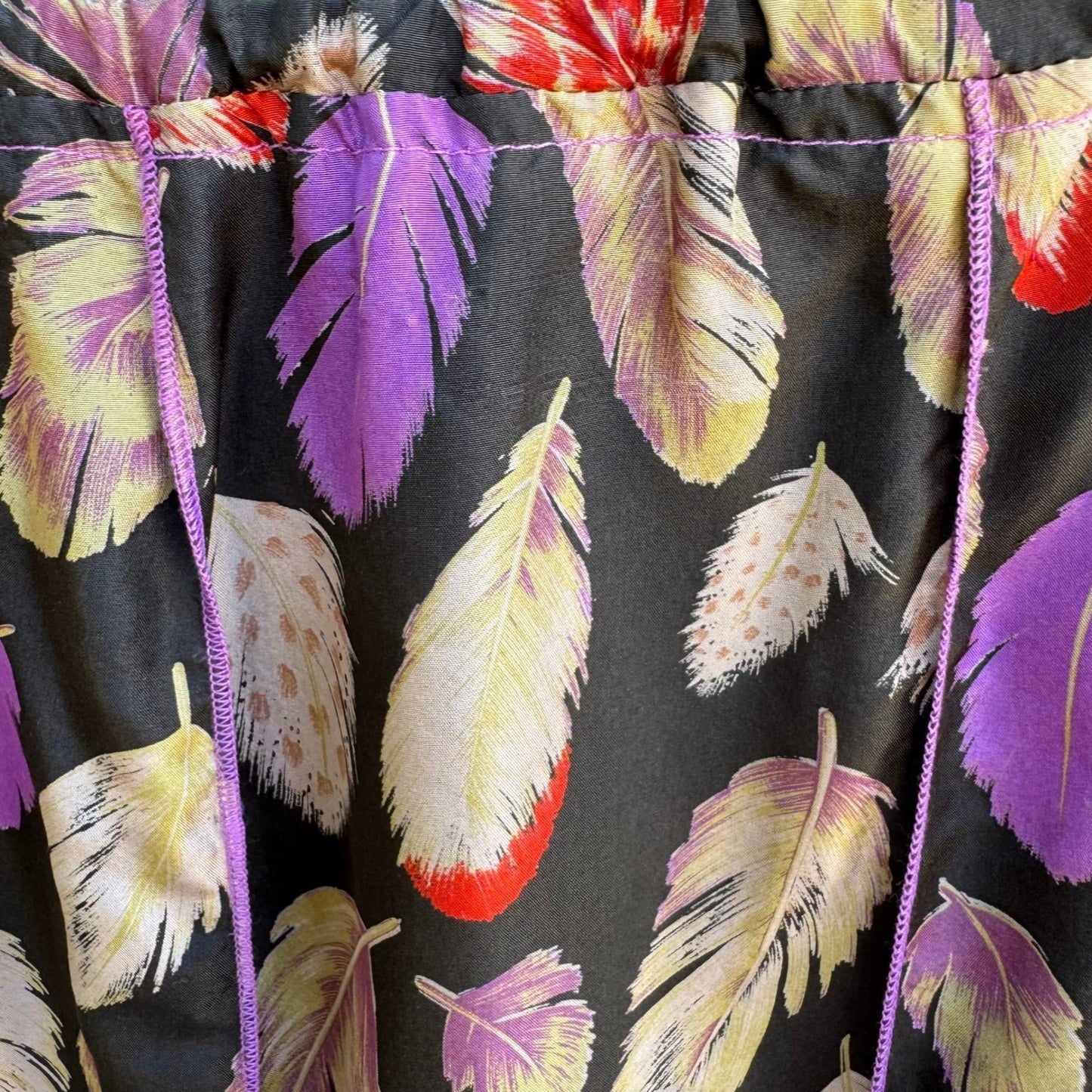 Poleci Y2K Silk Beaded Feather Print Hem Boho Festival Artsy Statement Skirt