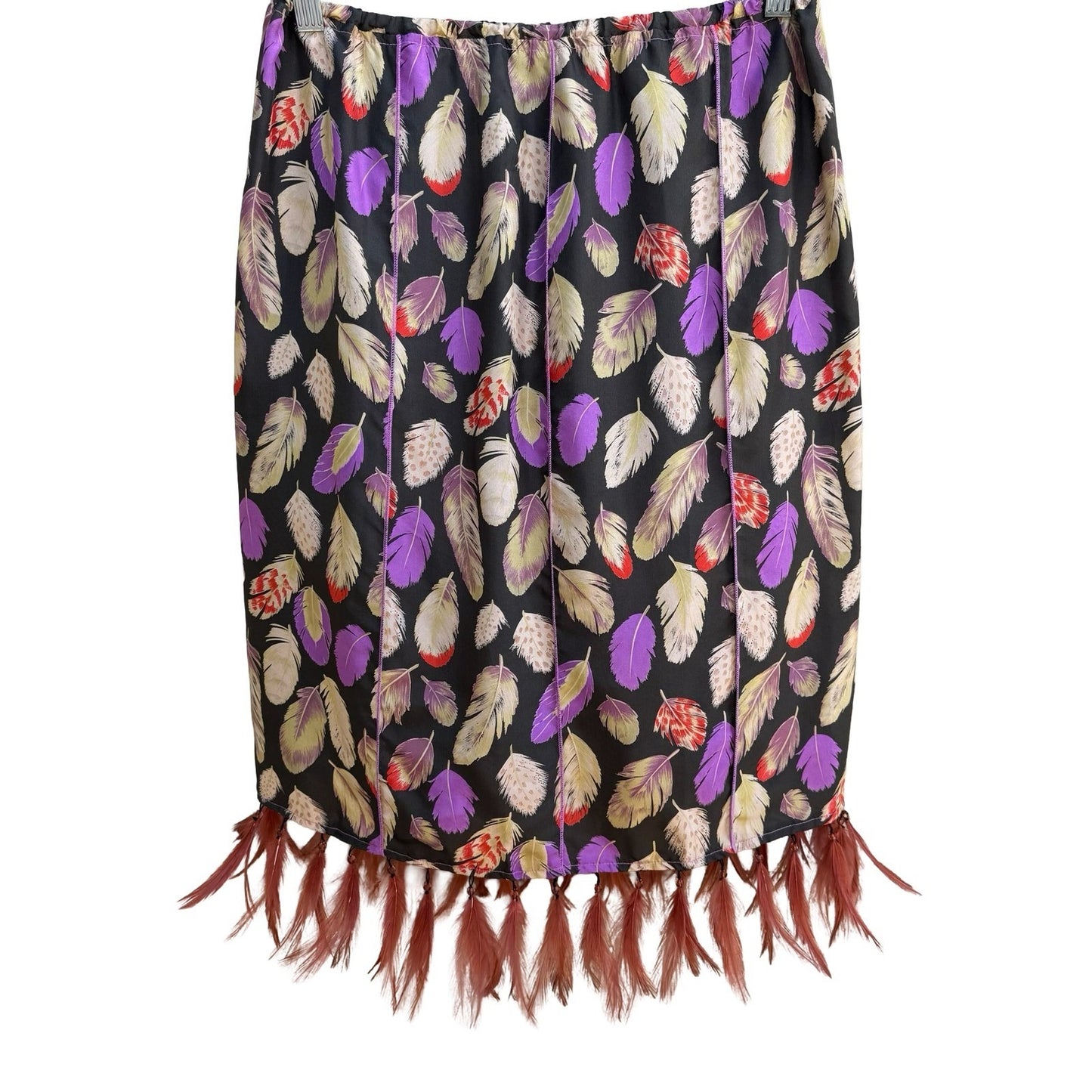 Poleci Y2K Silk Beaded Feather Print Hem Boho Festival Artsy Statement Skirt