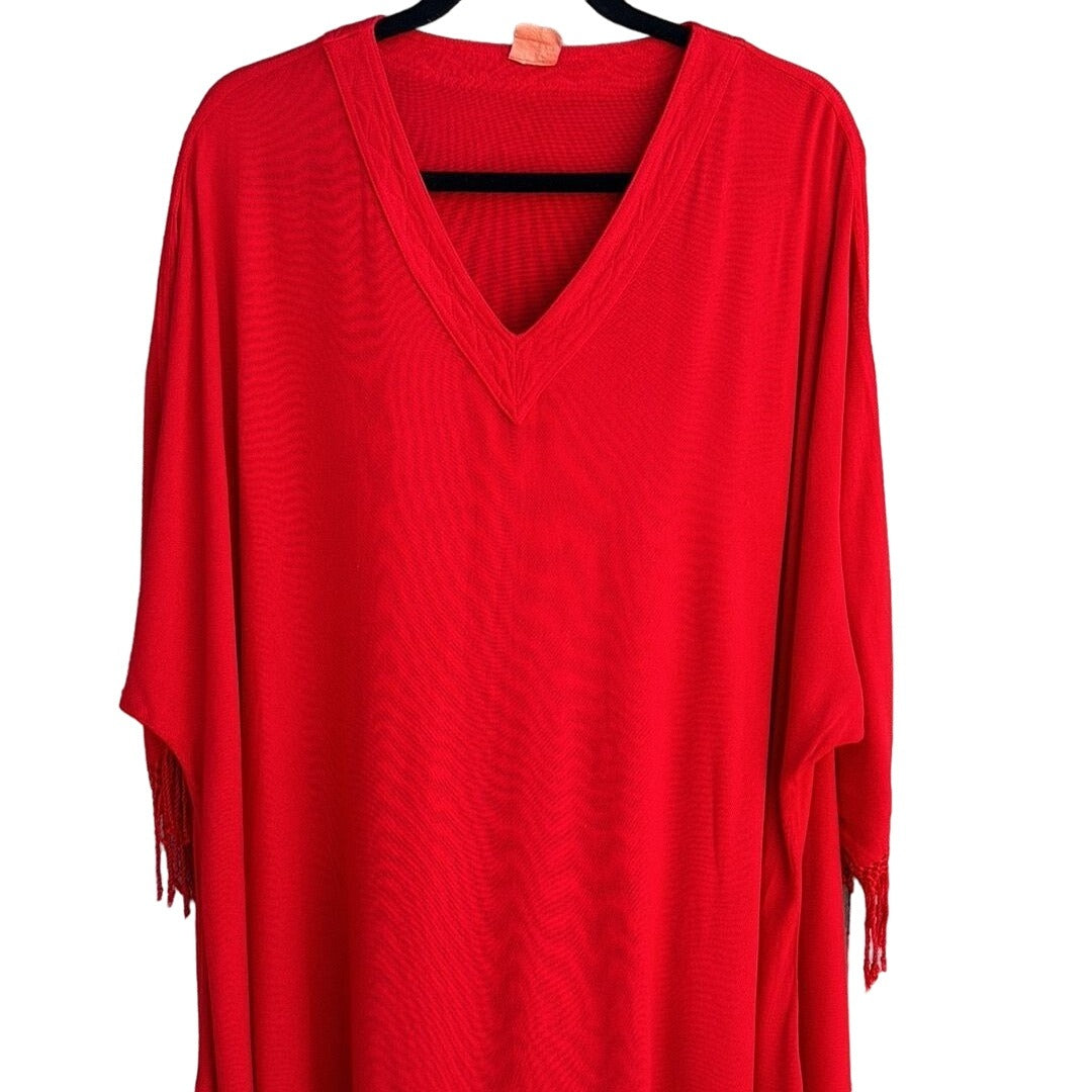 Women's Red Boho Flowy Prairie Batwing Sleeve V Neck Fringed Poncho Shawl - OS