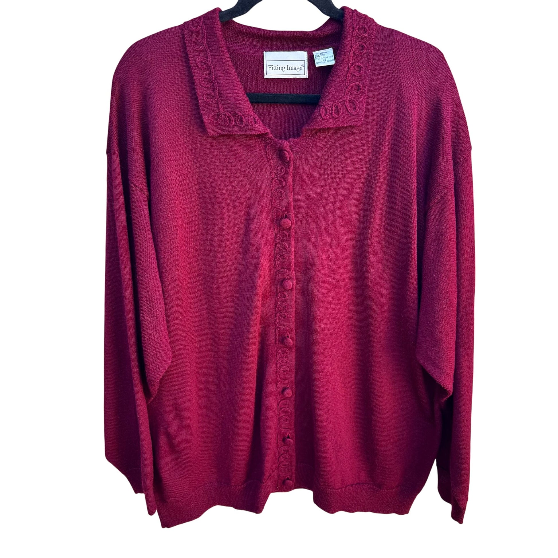 Fitting Image Vintage Womens Burgundy Knit Loop Trim Button Details Cardigan 2X