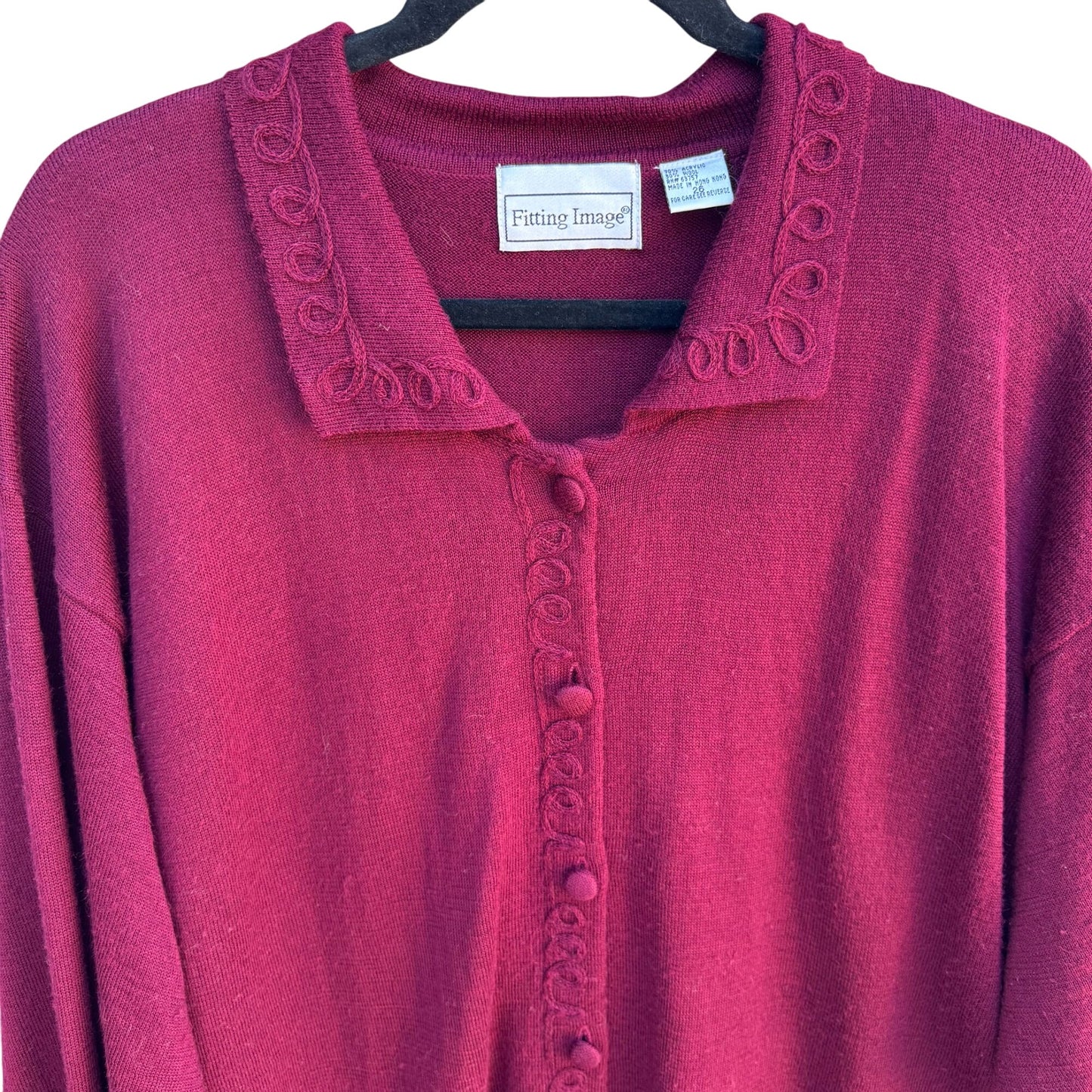 Fitting Image Vintage Womens Burgundy Knit Loop Trim Button Details Cardigan 2X