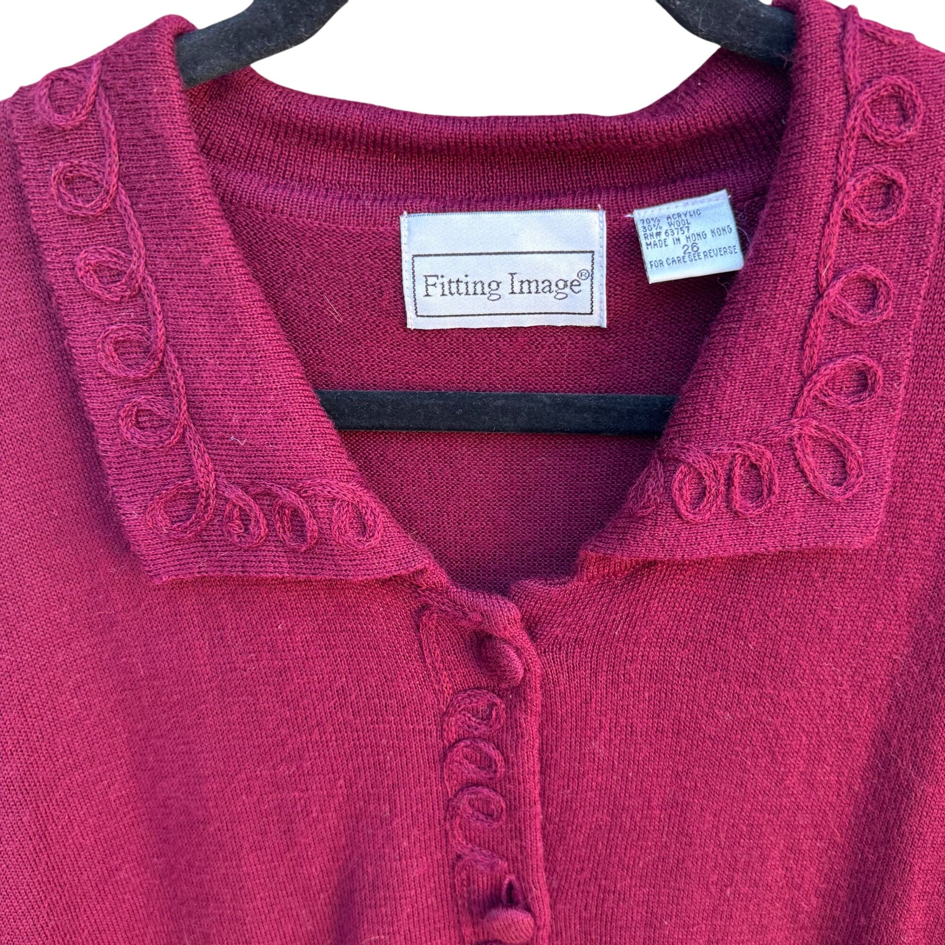 Fitting Image Vintage Womens Burgundy Knit Loop Trim Button Details Cardigan 2X