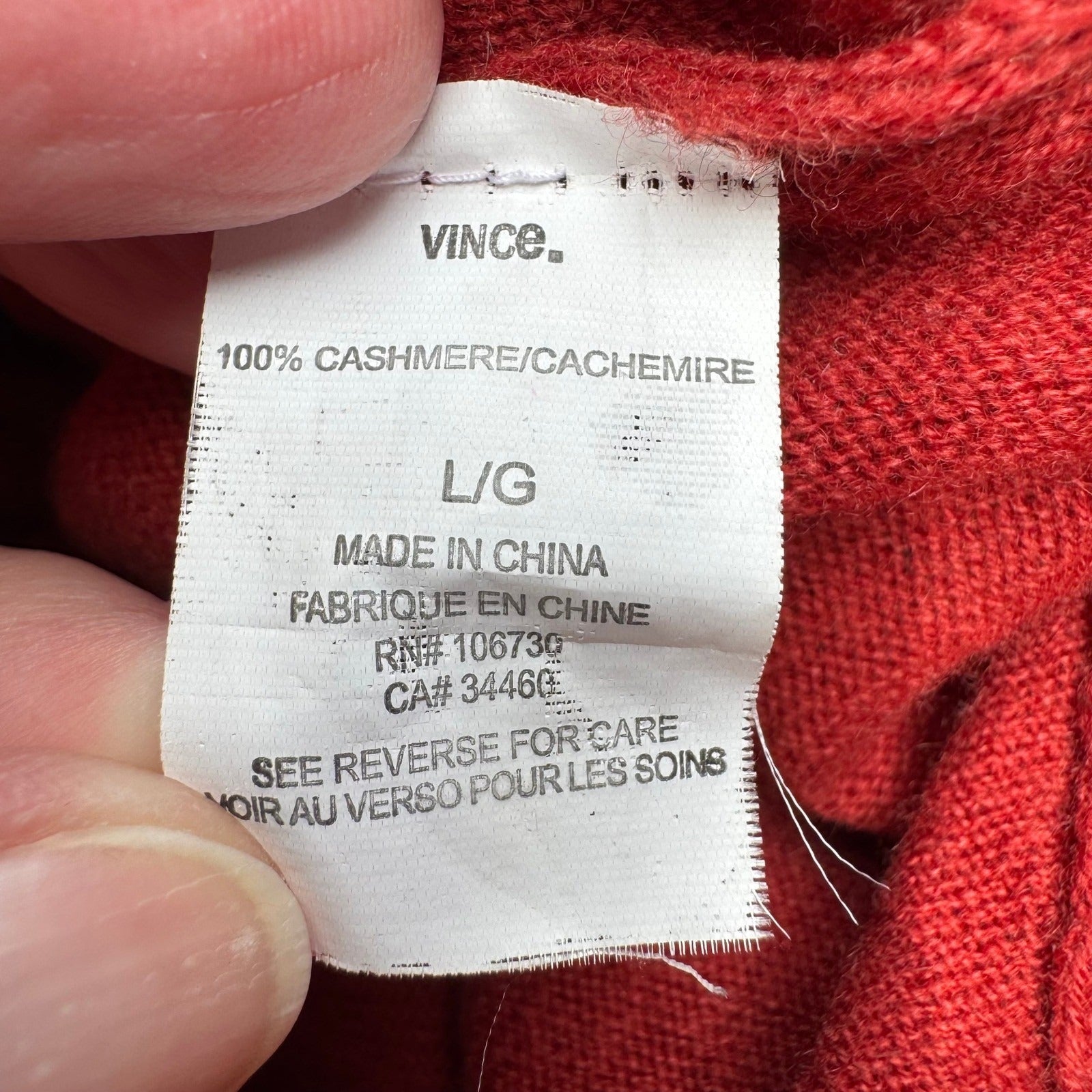 Vince 100% Cashmere Quiet Luxury Designer V Back Scoop Neck Sweater Tomato Red L
