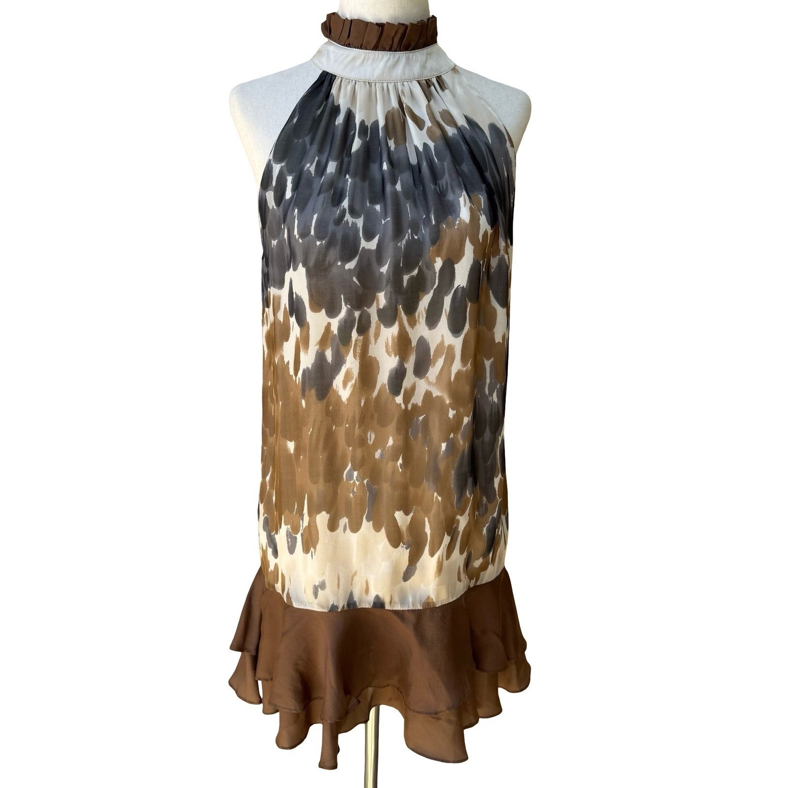 Twenty One Silk Blend Boho Flowy Abstract Print Ruffle Neck Tunic Top Dress S