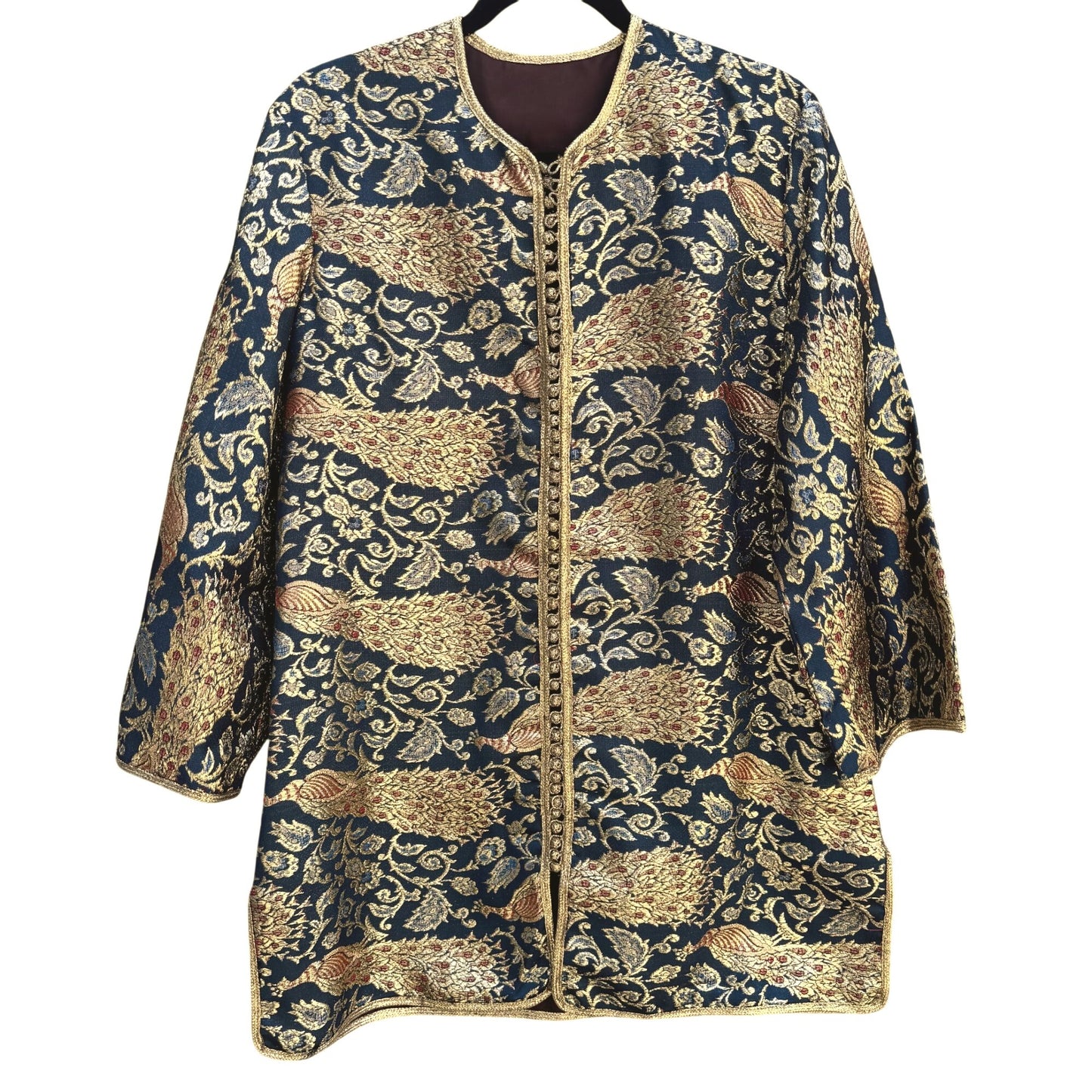 Vintage Handcrafted Gold Navy Brocade Peacock Embroidery Frog Closure Jacket