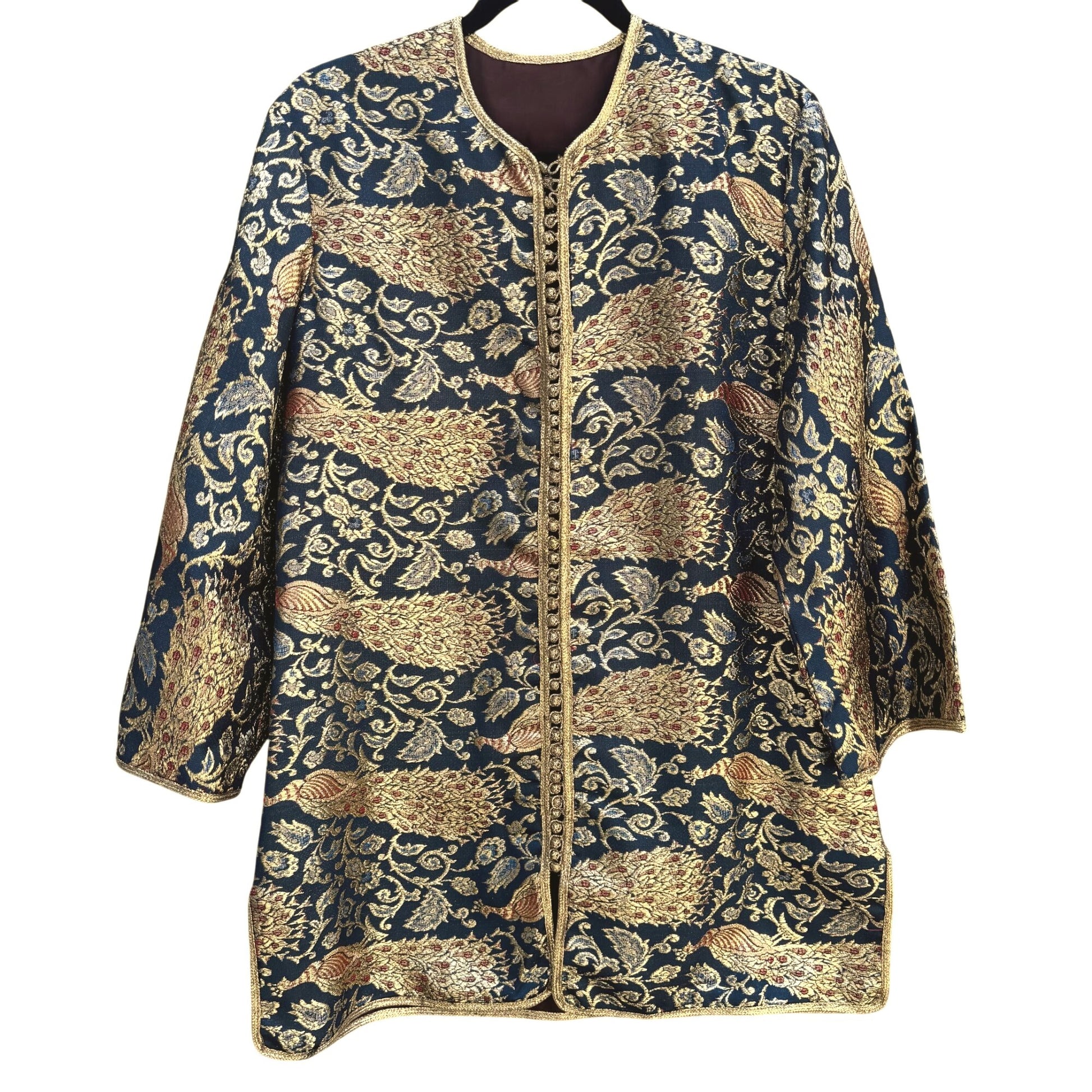 Vintage Handcrafted Gold Navy Brocade Peacock Embroidery Frog Closure Jacket