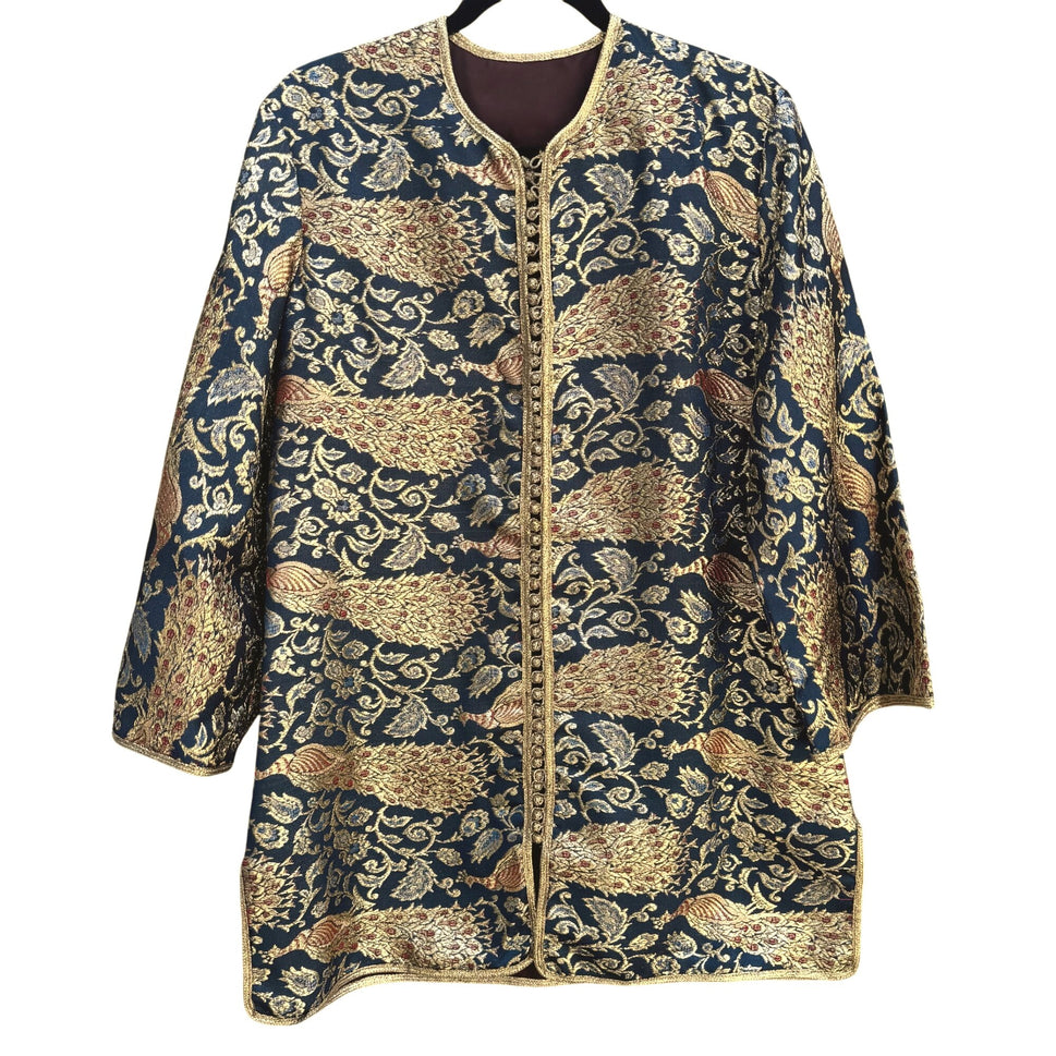 Vintage Handcrafted Gold Navy Brocade Peacock Embroidery Frog Closure Jacket