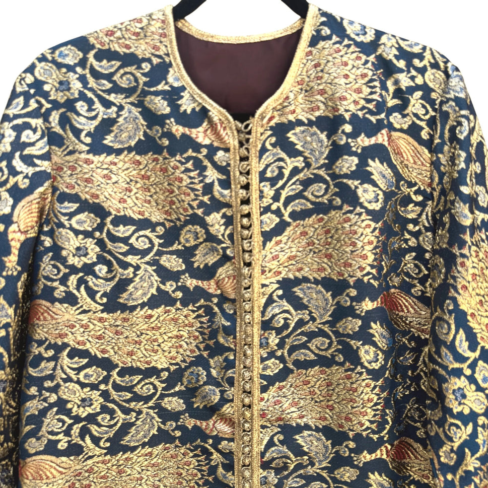 Vintage Handcrafted Gold Navy Brocade Peacock Embroidery Frog Closure Jacket