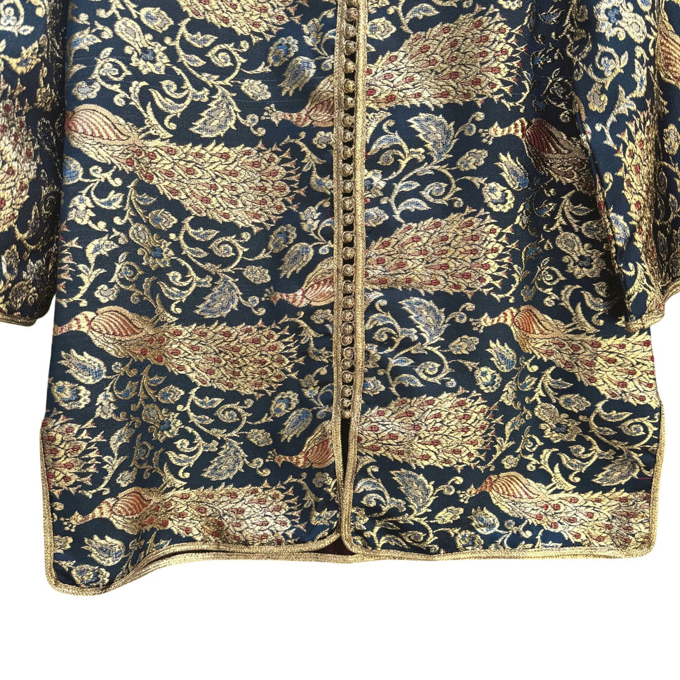 Vintage Handcrafted Gold Navy Brocade Peacock Embroidery Frog Closure Jacket