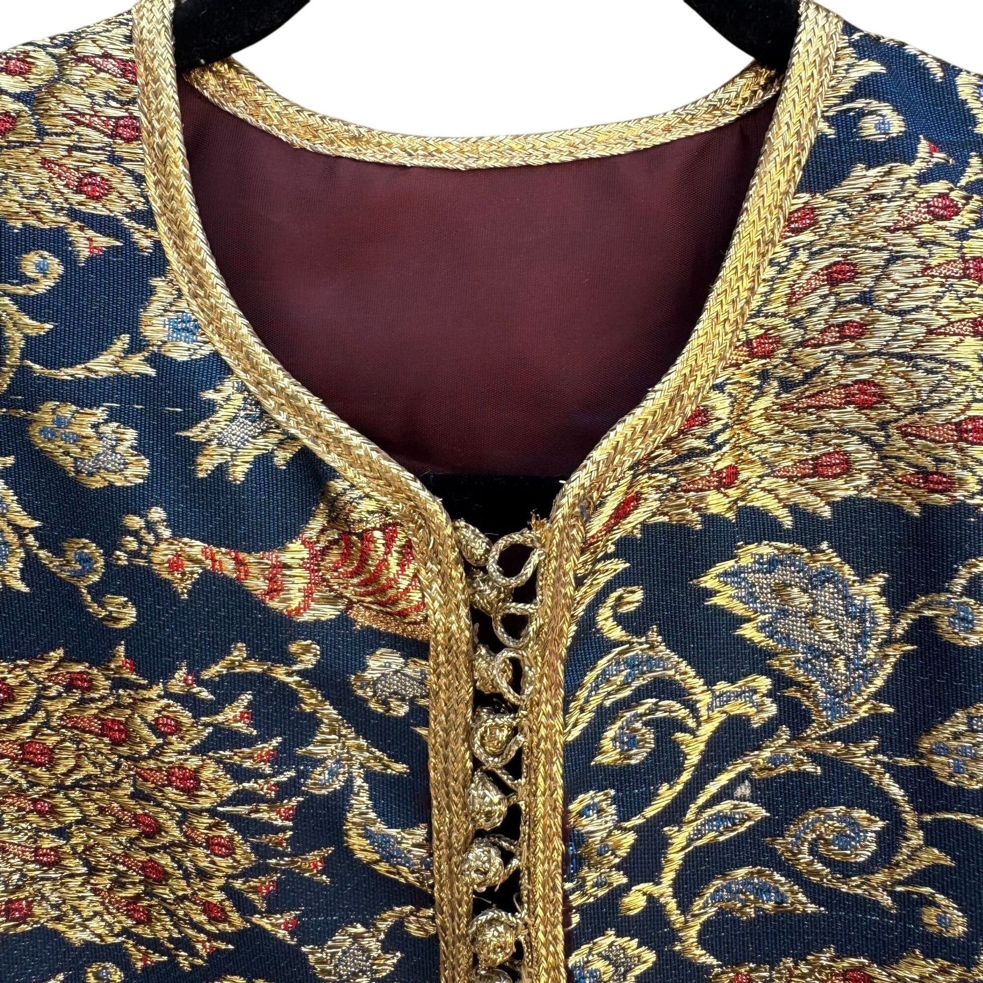 Vintage Handcrafted Gold Navy Brocade Peacock Embroidery Frog Closure Jacket