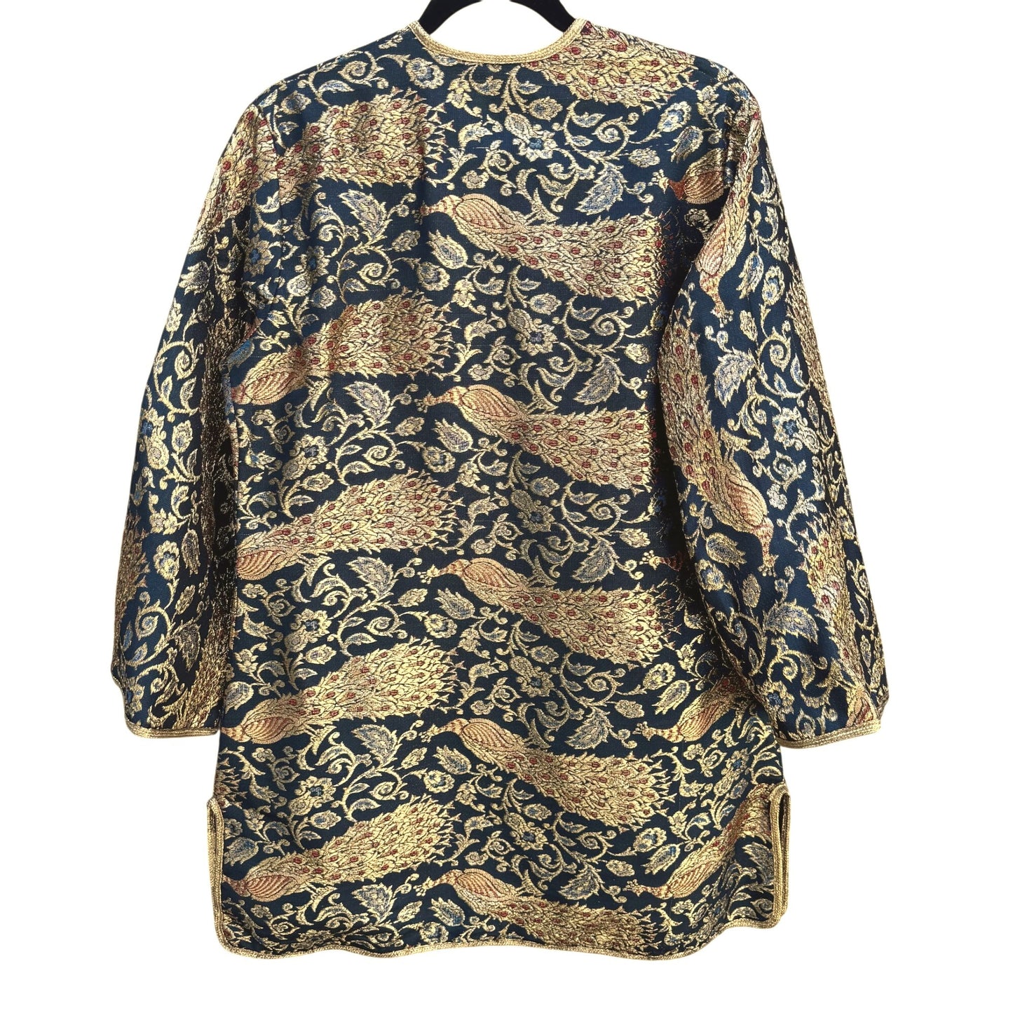 Vintage Handcrafted Gold Navy Brocade Peacock Embroidery Frog Closure Jacket