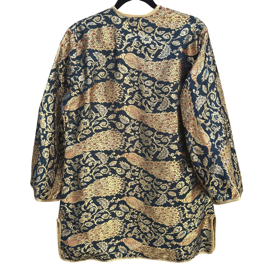 Vintage Handcrafted Gold Navy Brocade Peacock Embroidery Frog Closure Jacket
