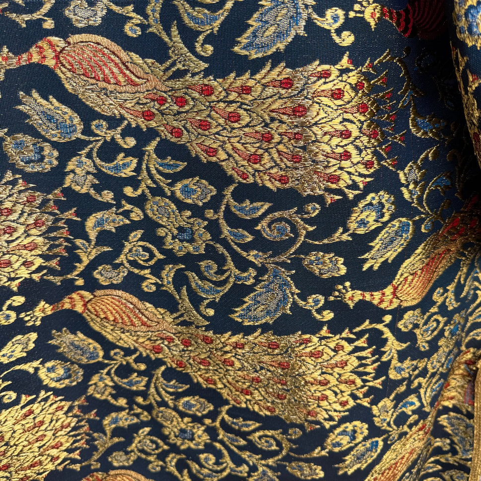 Vintage Handcrafted Gold Navy Brocade Peacock Embroidery Frog Closure Jacket