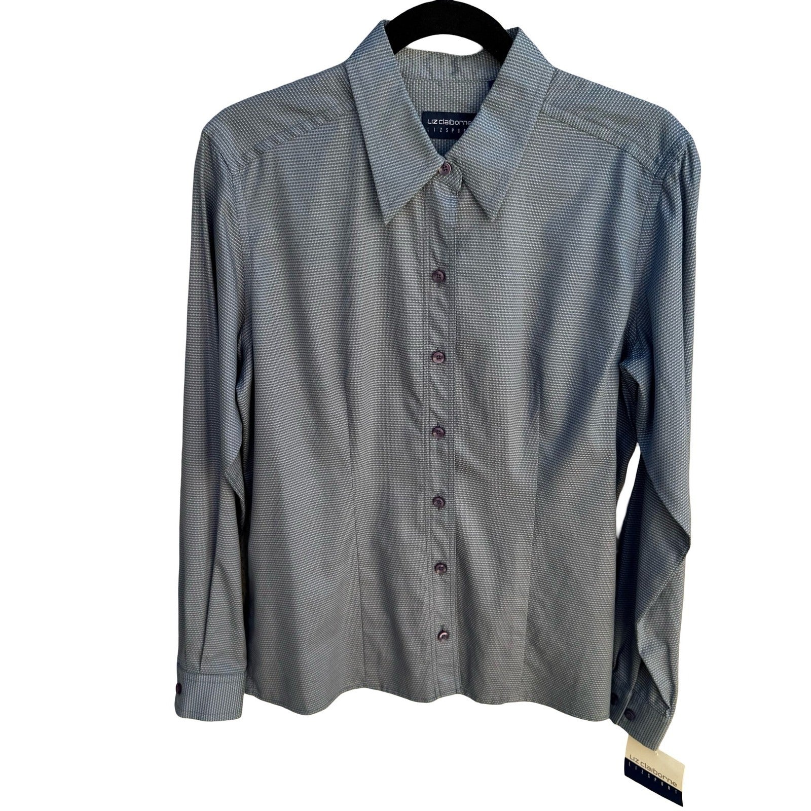 Liz Claiborne Lizsport Y2K Womens Smoke Screen Grey Cotton Button Down Shirt NEW