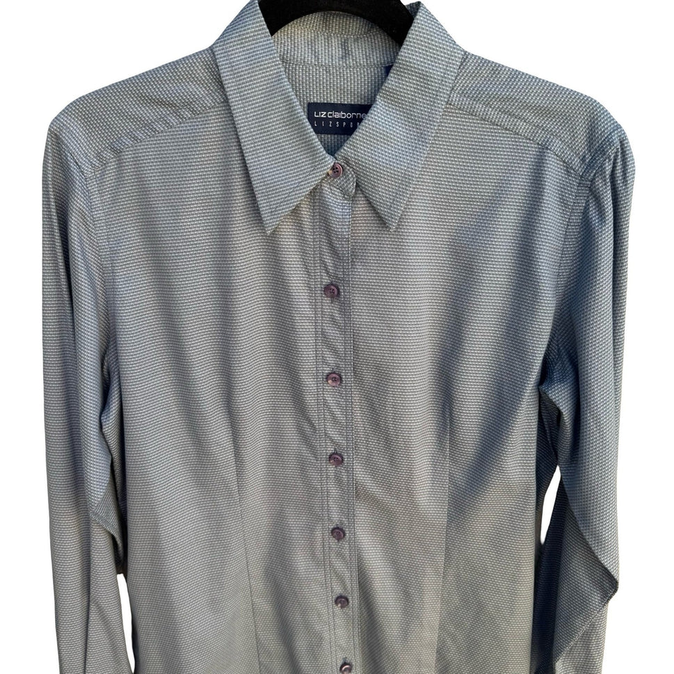 Liz Claiborne Lizsport Y2K Womens Smoke Screen Grey Cotton Button Down Shirt NEW