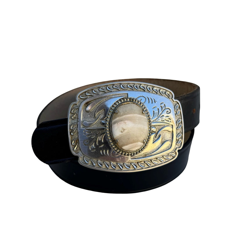Dickies Mens Black Leather Western Belt Silver Engraved Stone Trophy Buckle 34