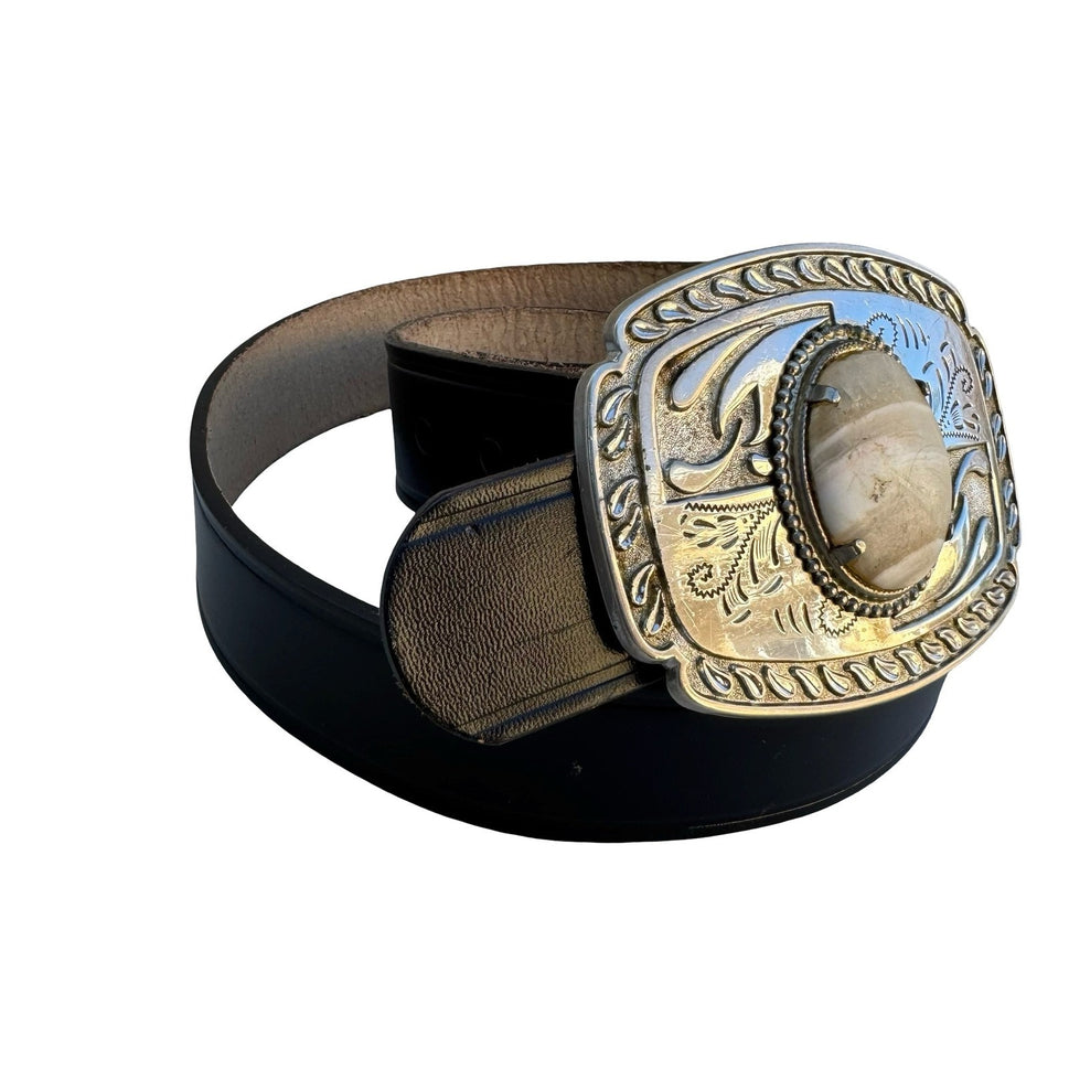 Dickies Mens Black Leather Western Belt Silver Engraved Stone Trophy Buckle 34