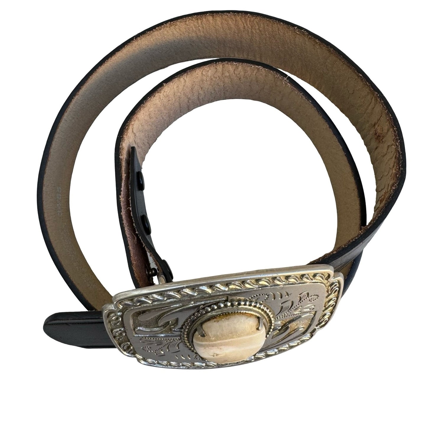 Dickies Mens Black Leather Western Belt Silver Engraved Stone Trophy Buckle 34