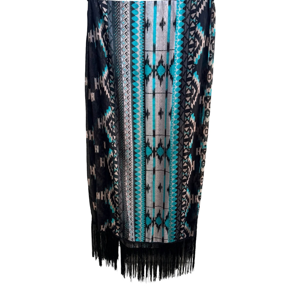 Boho Ethereal Hippie Tribal Geometric Fringe Festival Kimono Wrap Turquoise OS
