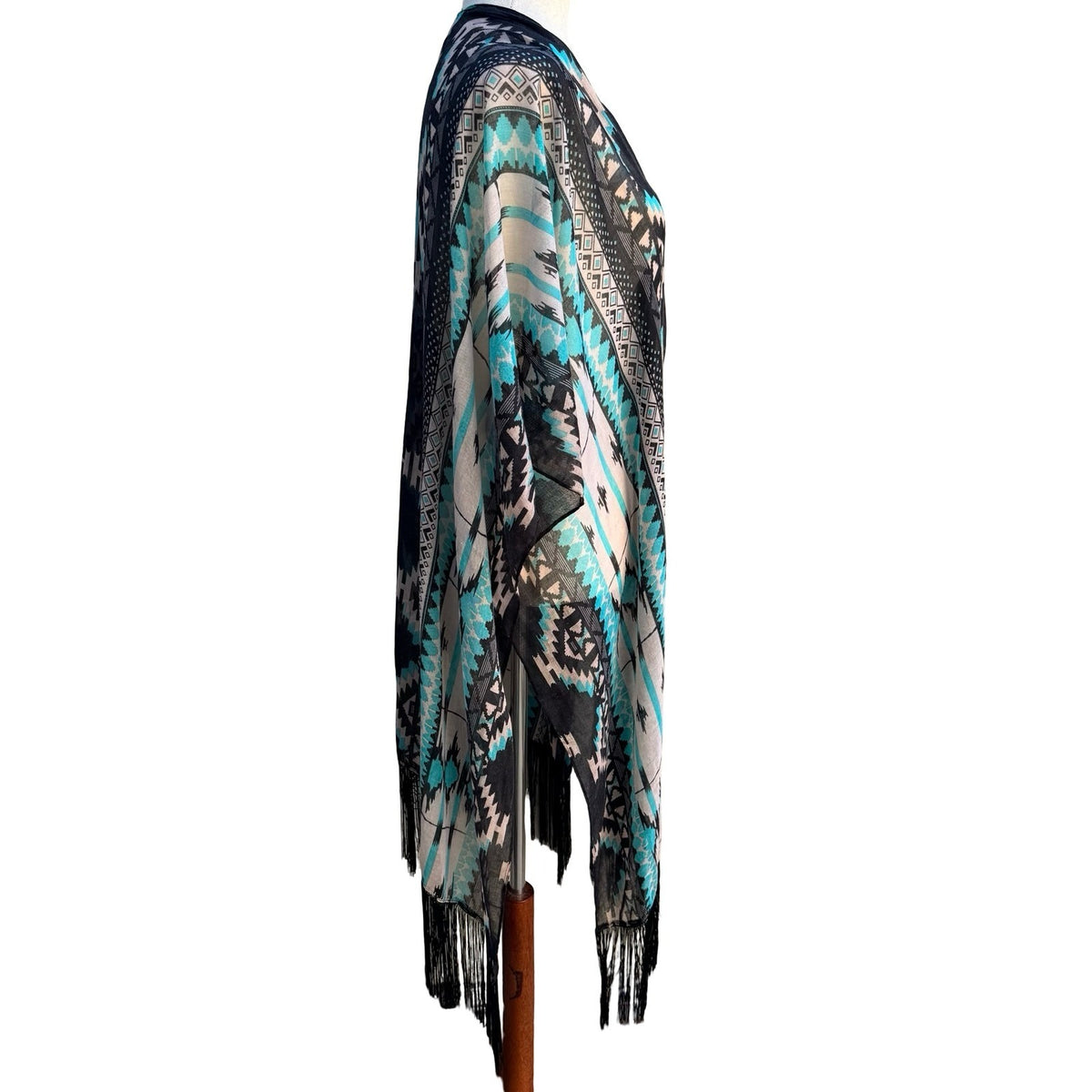 Boho Ethereal Hippie Tribal Geometric Fringe Festival Kimono Wrap Turquoise OS