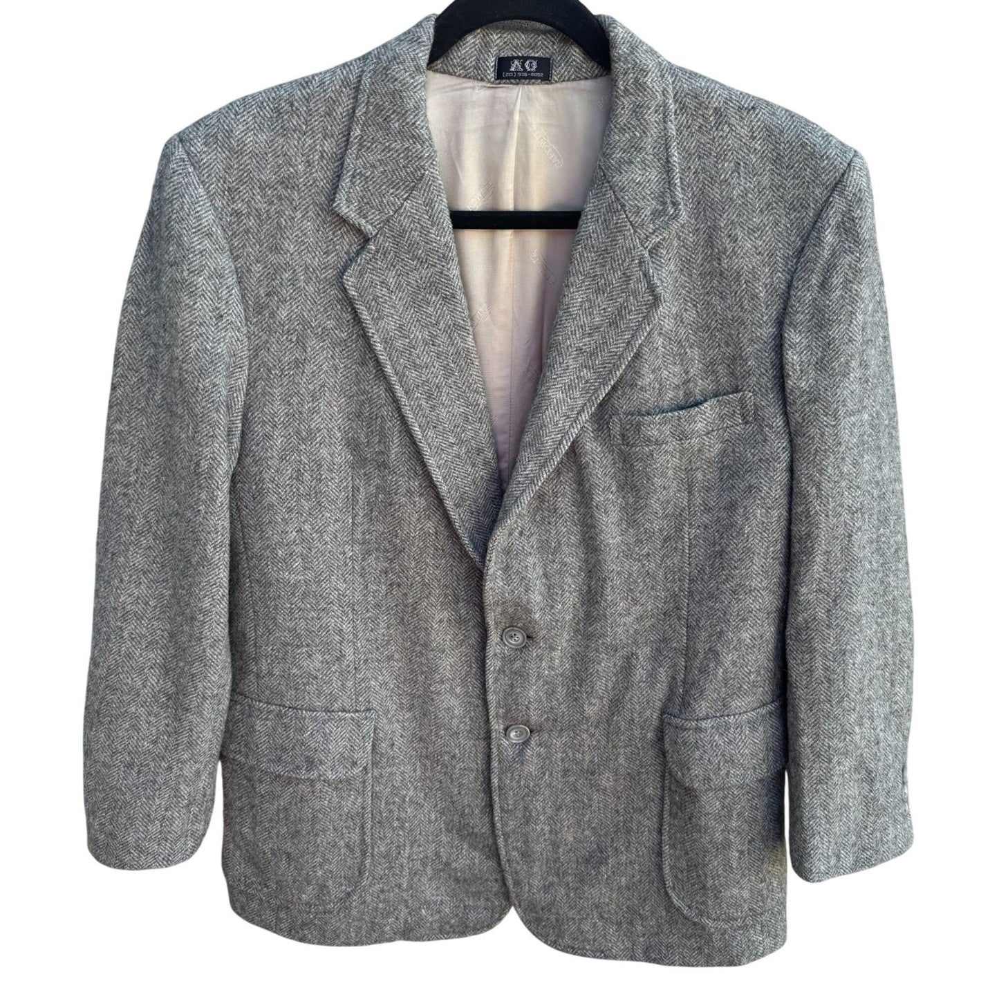AO Custom Tailors Beverly Hills Mens Grey Herringbone Tweed Blazer 38S Vintage