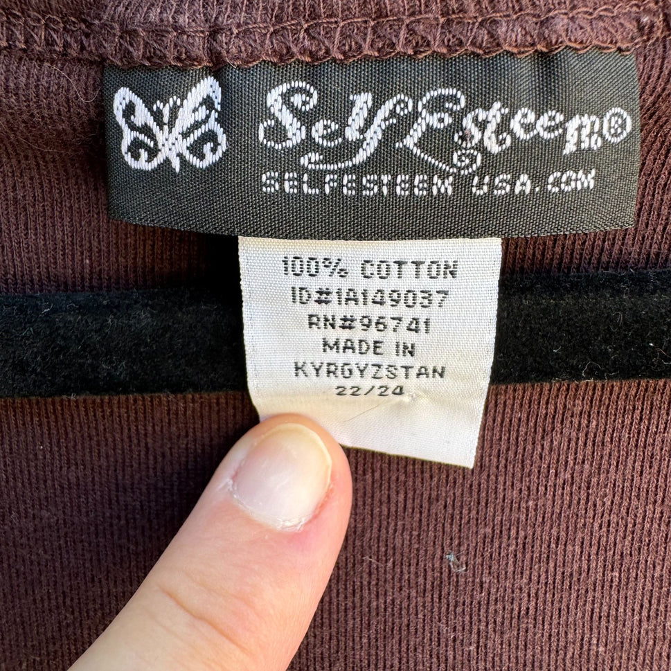 Self Esteem Vintage Y2K Brown Lace-Up Scoop V-Neck Cotton Womens Shirt Top 22/24