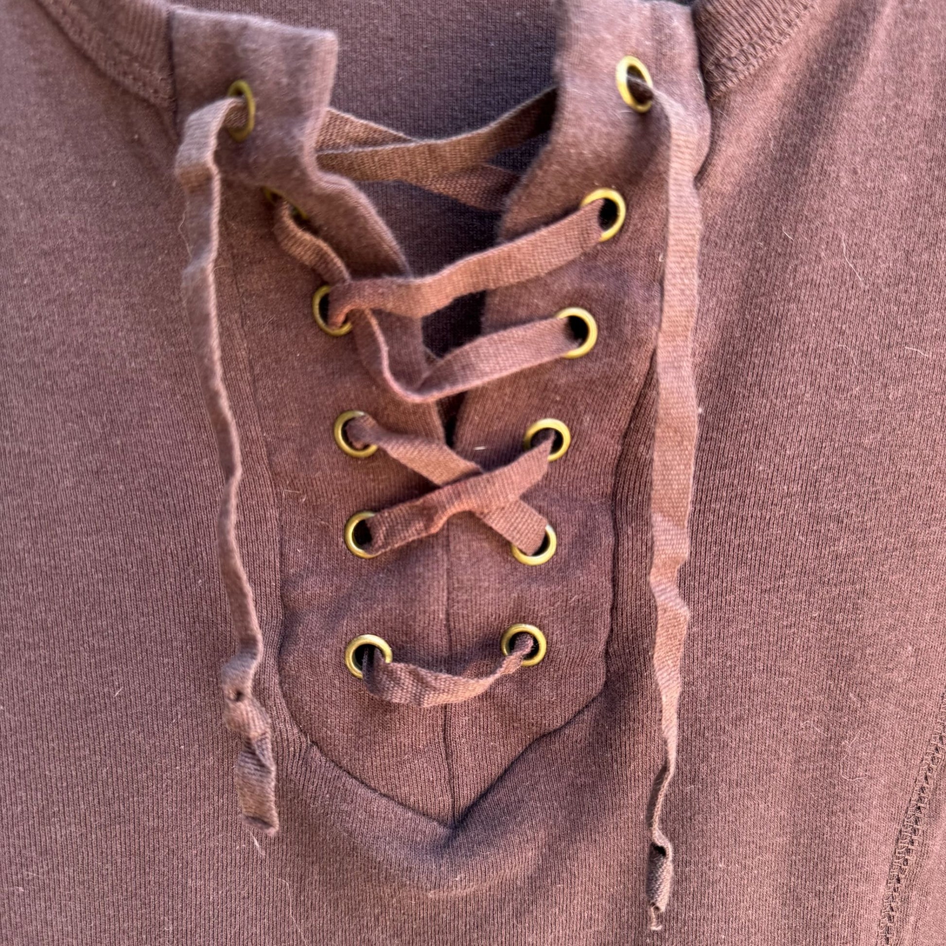 Self Esteem Vintage Y2K Brown Lace-Up Scoop V-Neck Cotton Womens Shirt Top 22/24