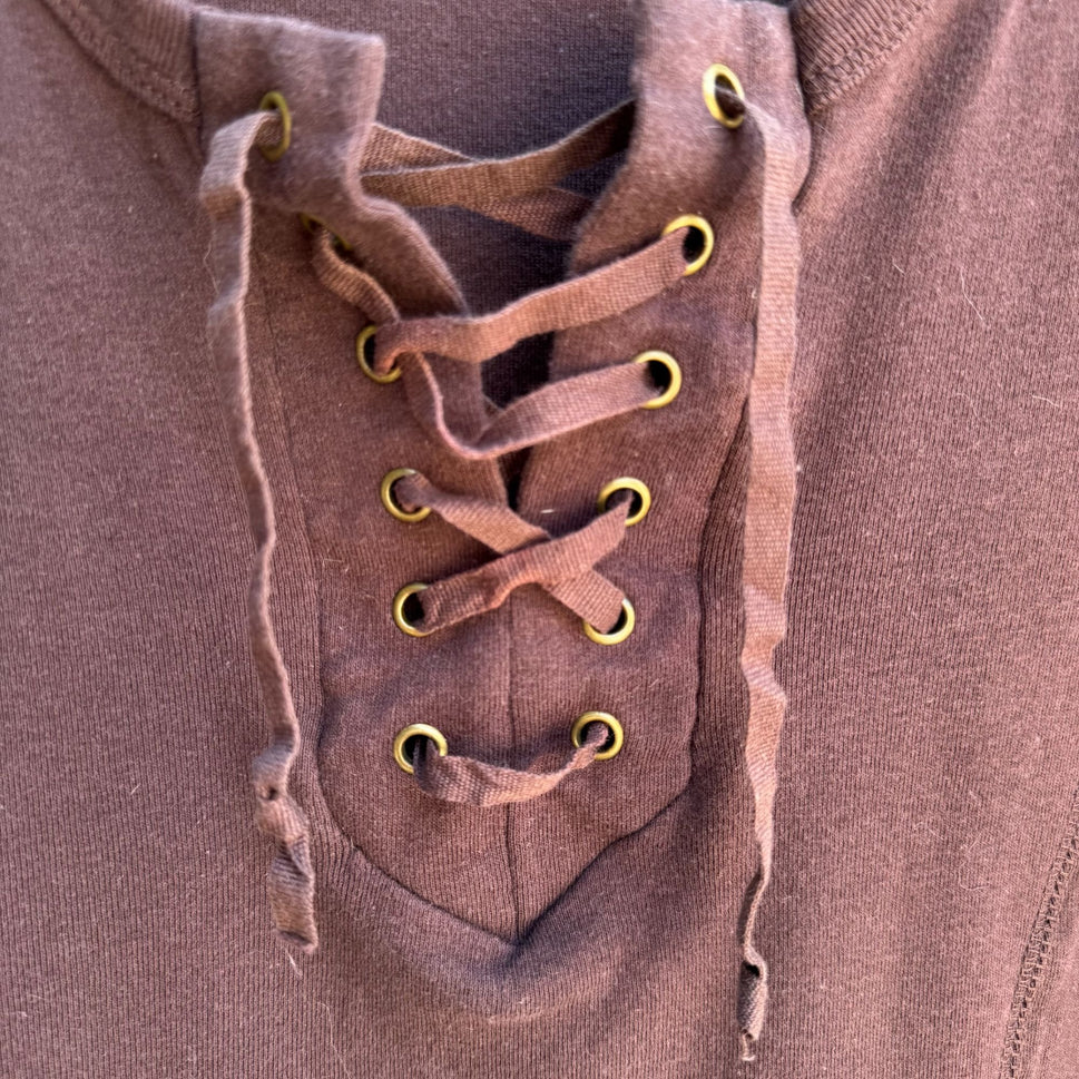Self Esteem Vintage Y2K Brown Lace-Up Scoop V-Neck Cotton Womens Shirt Top 22/24