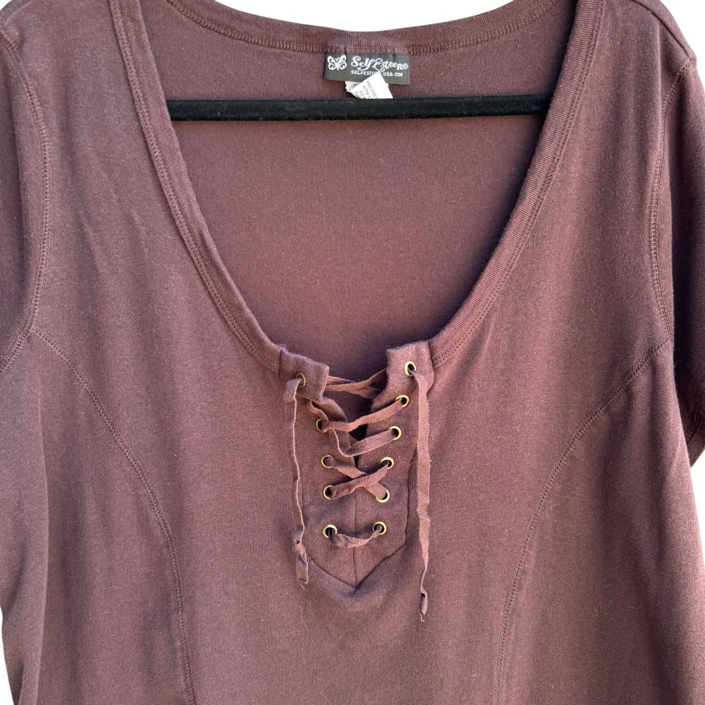 Self Esteem Vintage Y2K Brown Lace-Up Scoop V-Neck Cotton Womens Shirt Top 22/24