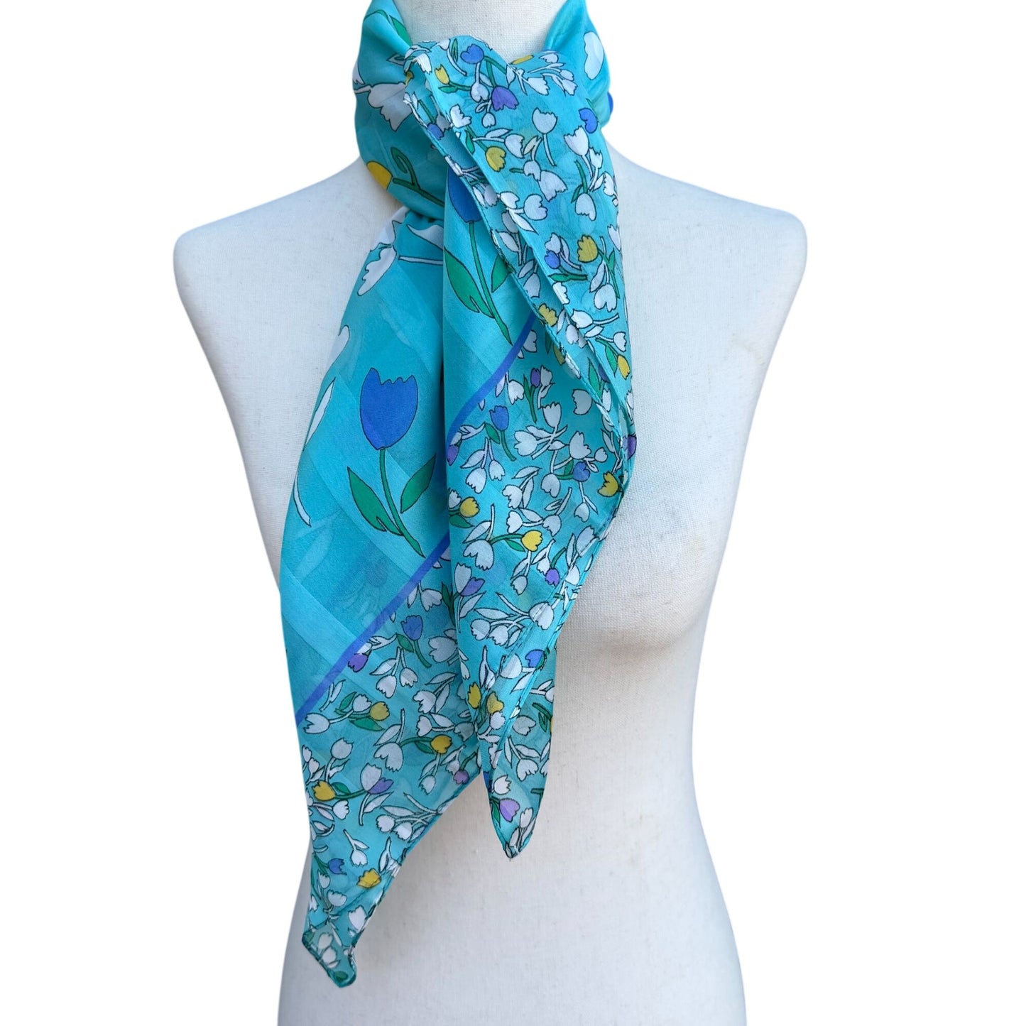 Vintage Italian Floral Turquoise Scarf Wrap Shawl Tulip Daisy Montgomery Ward