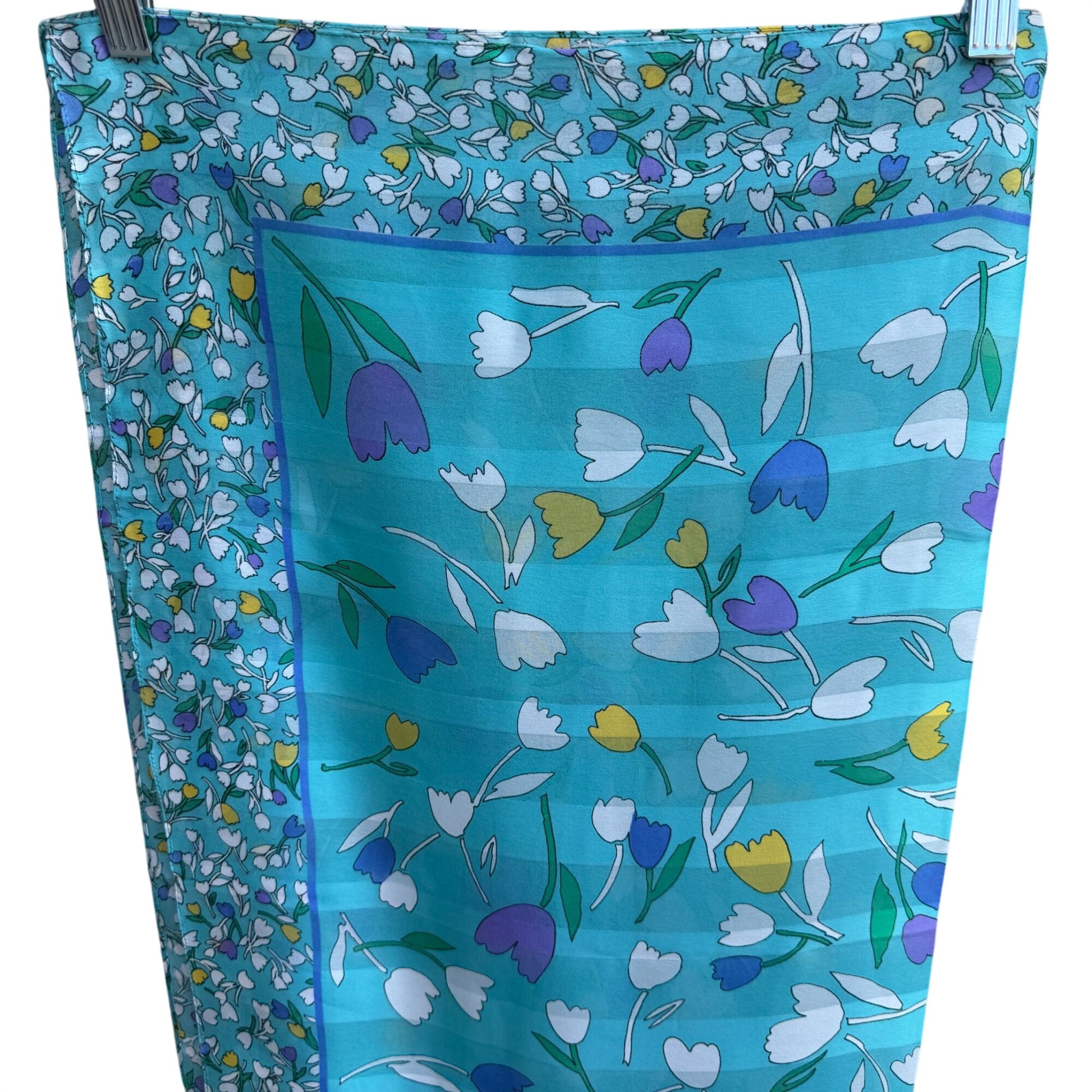 Vintage Italian Floral Turquoise Scarf Wrap Shawl Tulip Daisy Montgomery Ward