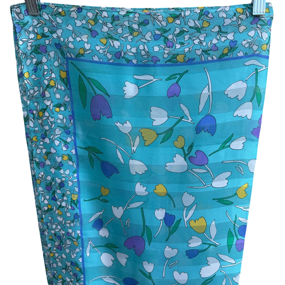 Vintage Italian Floral Turquoise Scarf Wrap Shawl Tulip Daisy Montgomery Ward