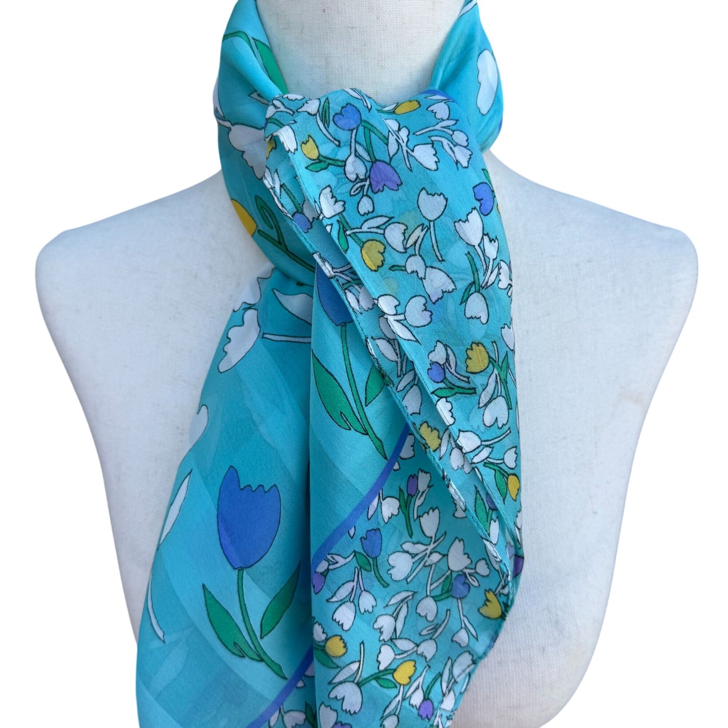 Vintage Italian Floral Turquoise Scarf Wrap Shawl Tulip Daisy Montgomery Ward
