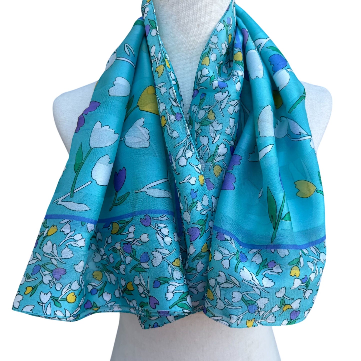 Vintage Italian Floral Turquoise Scarf Wrap Shawl Tulip Daisy Montgomery Ward