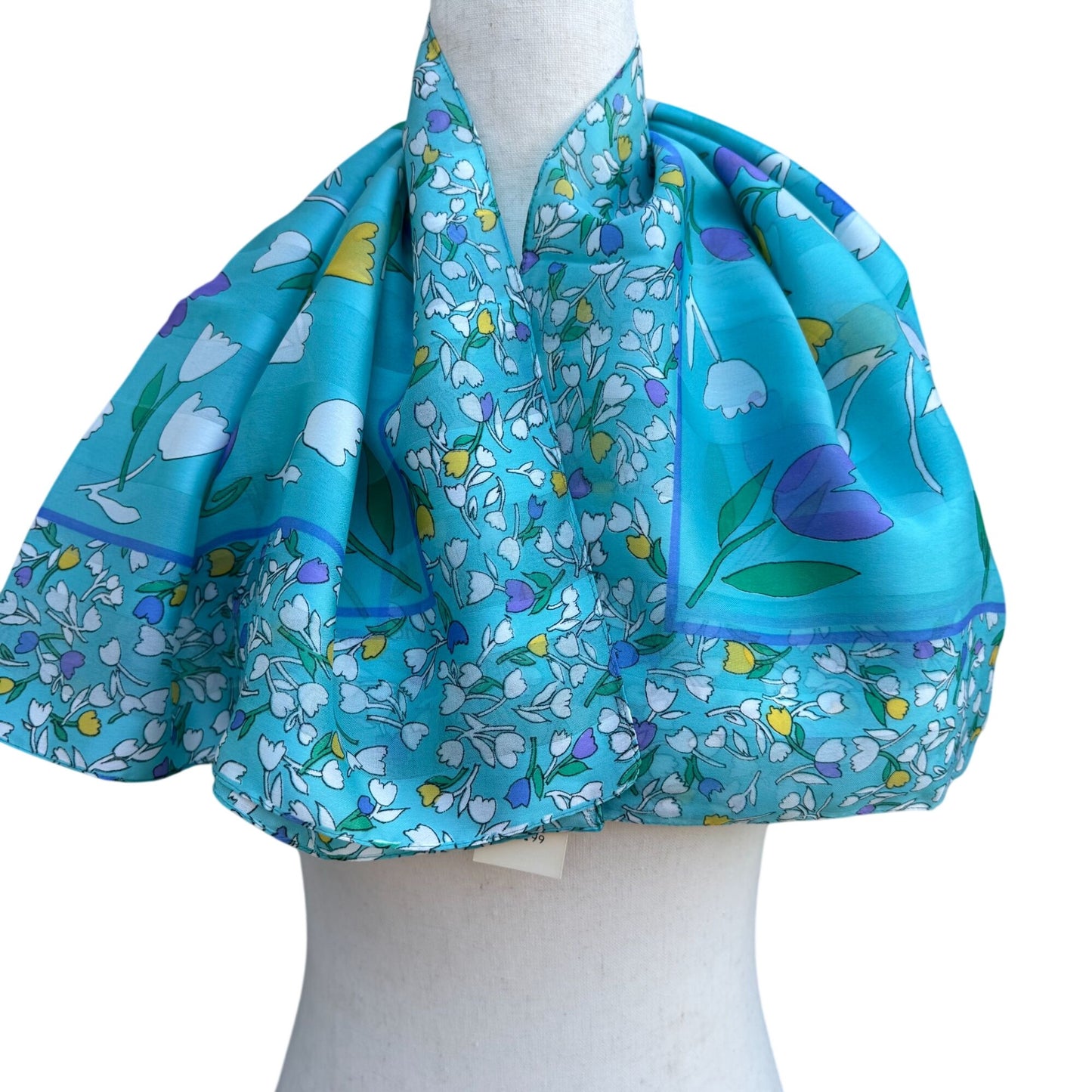 Vintage Italian Floral Turquoise Scarf Wrap Shawl Tulip Daisy Montgomery Ward