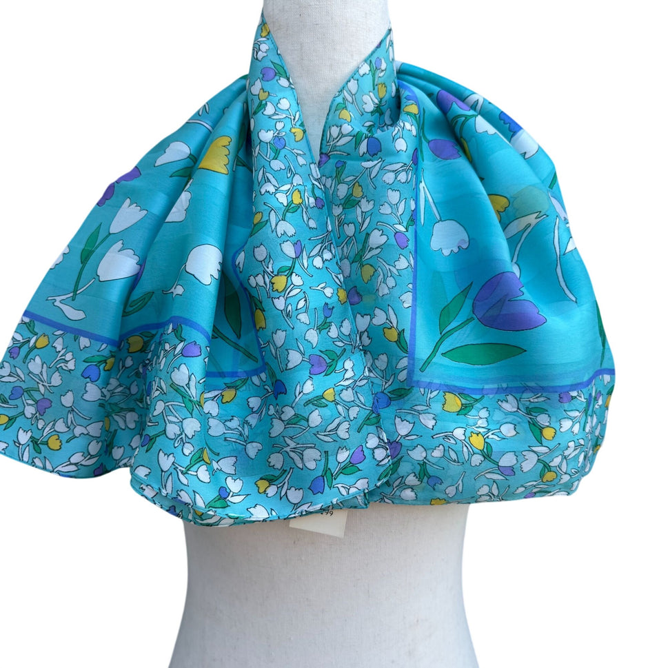 Vintage Italian Floral Turquoise Scarf Wrap Shawl Tulip Daisy Montgomery Ward
